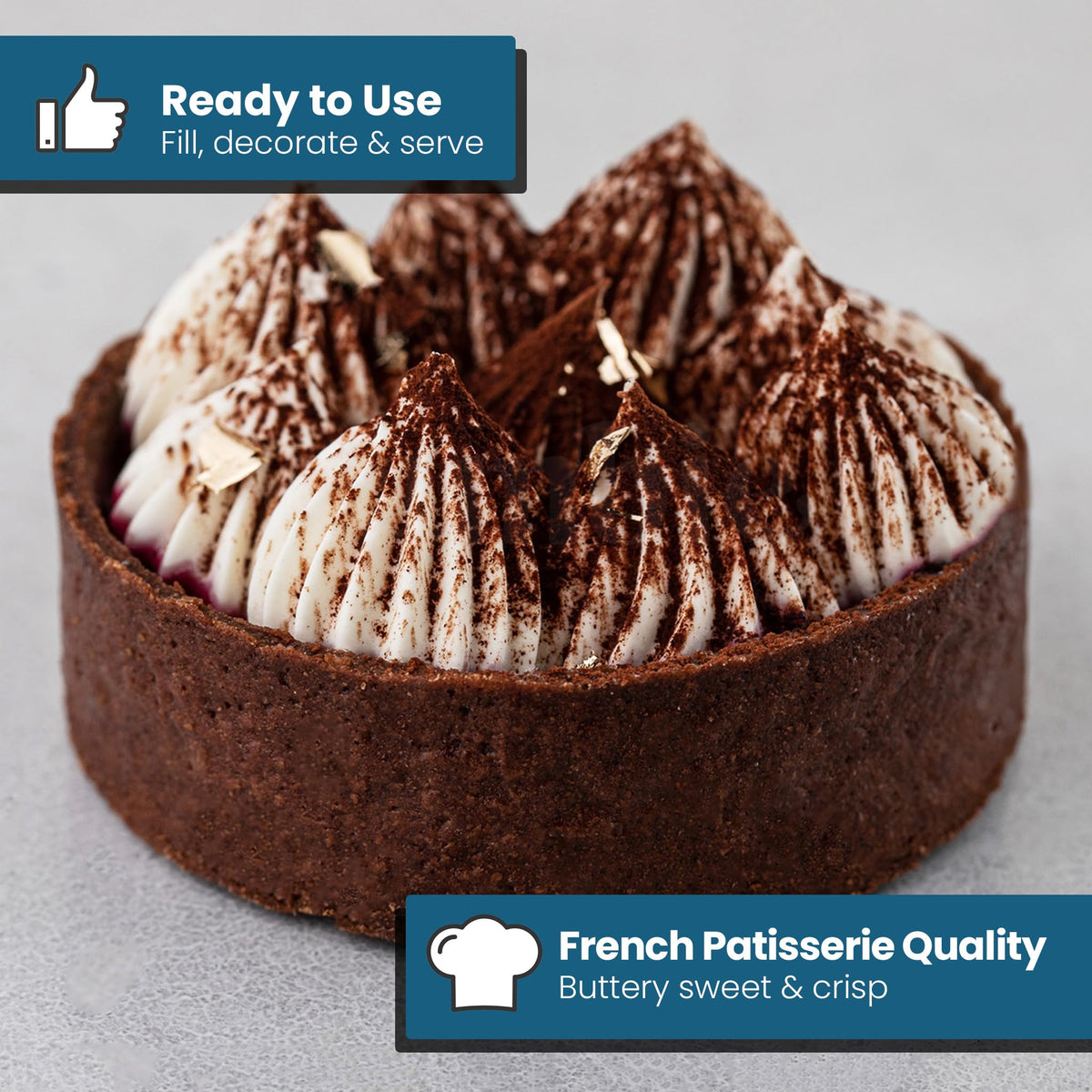 Cambie Round Chocolate Medium Tart Shells, 2.17 in Diameter, French Style Cocoa Tarts with Dark Chocolate Coating (Pack of 40)