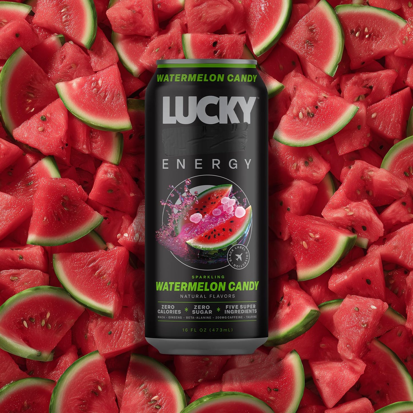 Lucky Energy Sugar Free Energy Drinks, 16oz Cans, Watermelon Candy, 12-Pack, Zero Sugar, 200mg Caffeine