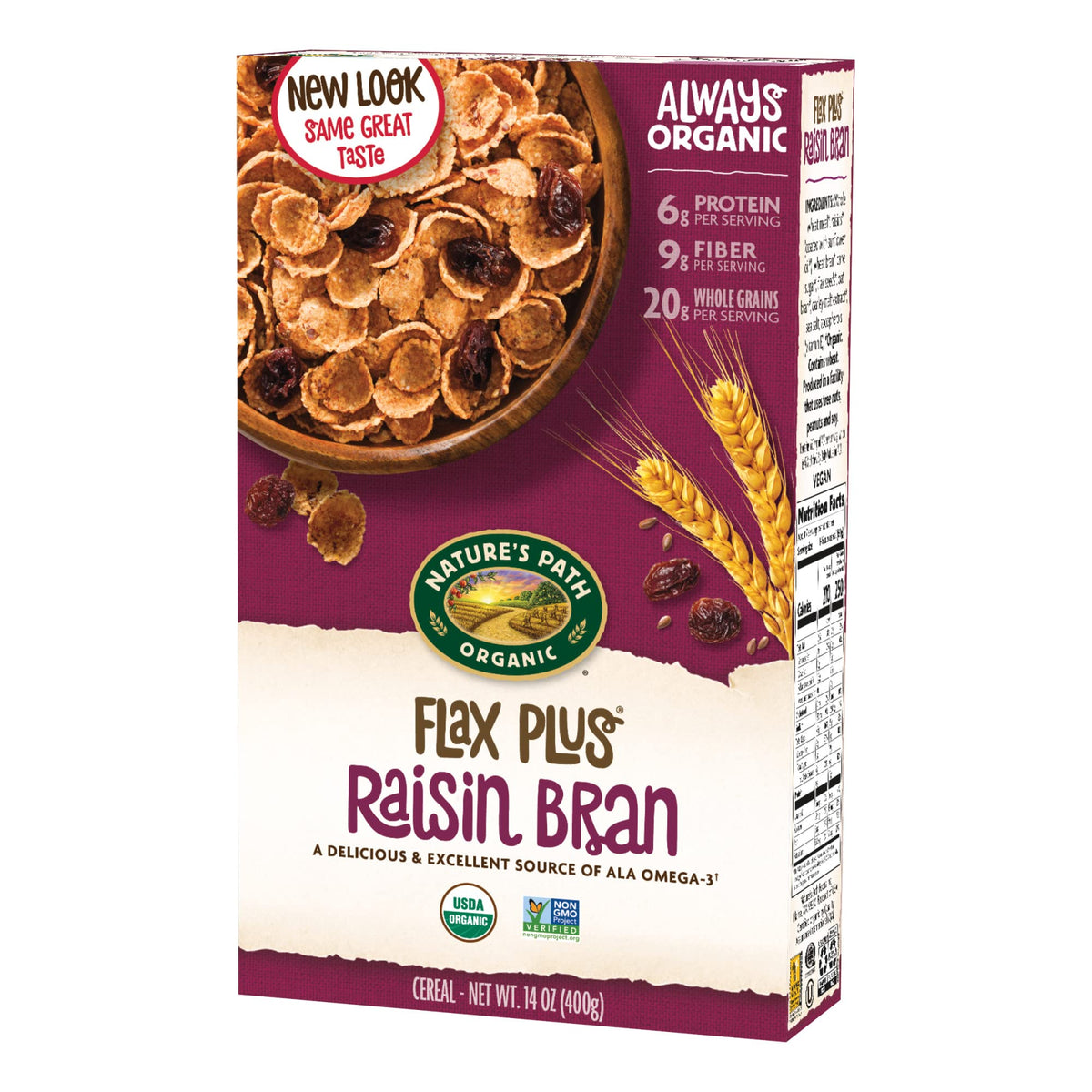 Nature s Path Organic Flax Plus Raisin Bran Cereal, Non-GMO, 20g Whole Grains, with Omega-3 Rich Flax Seeds, 14 Ounce - Pack of