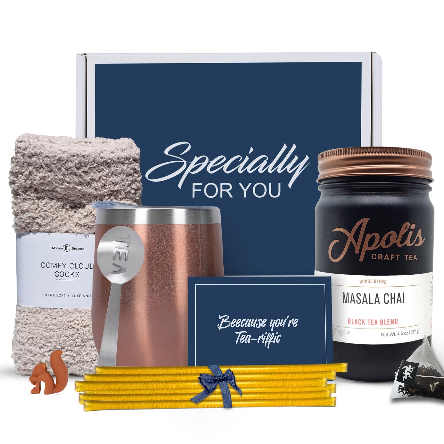 Modern Elegance Tea Gift Set for Mom - 15 Tea Sachets, 10 Honey Straws, Strainer, Spoon, Greeting Card, Masala Chai