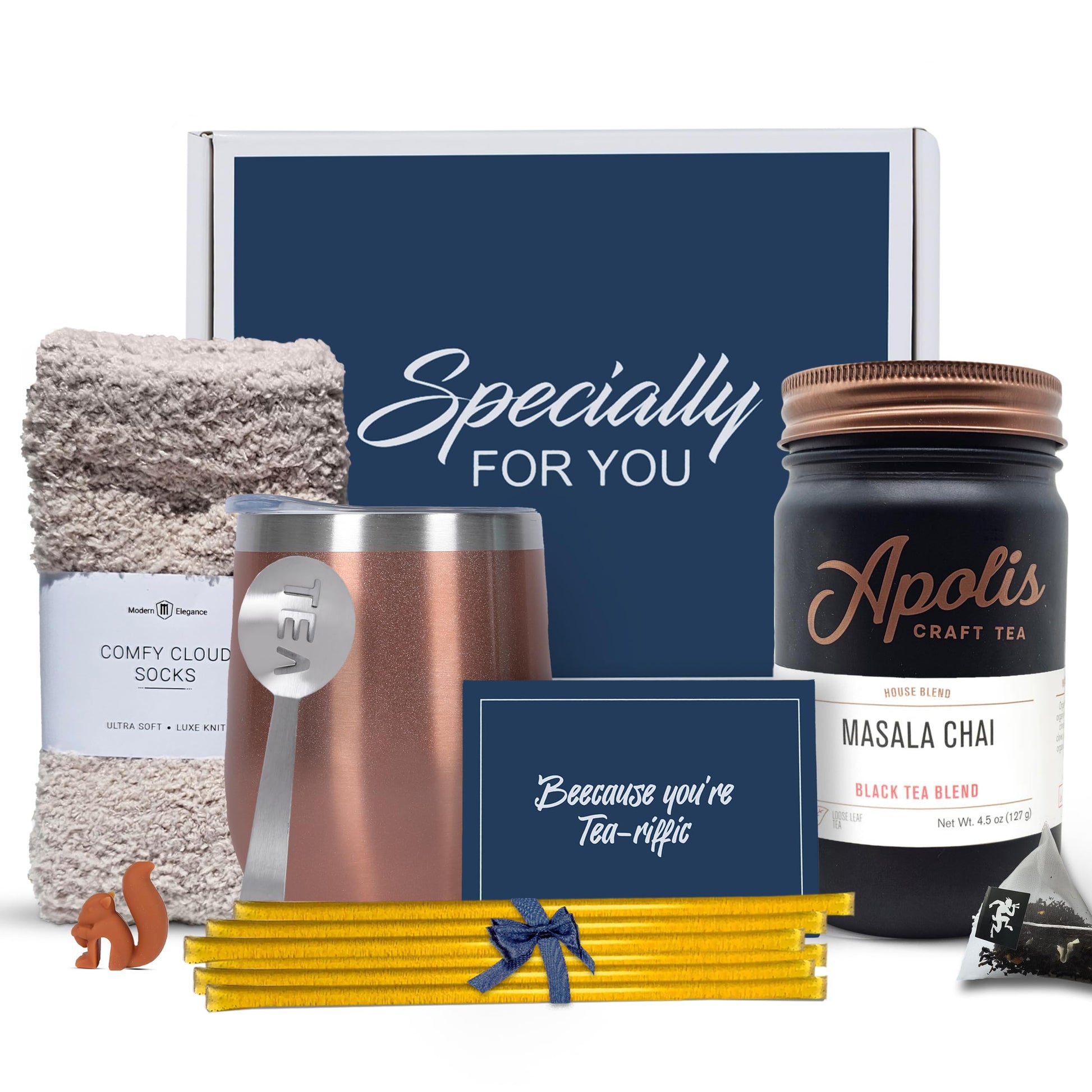 Modern Elegance Tea Gift Set for Mom - 15 Tea Sachets, 10 Honey Straws, Strainer, Spoon, Greeting Card, Masala Chai