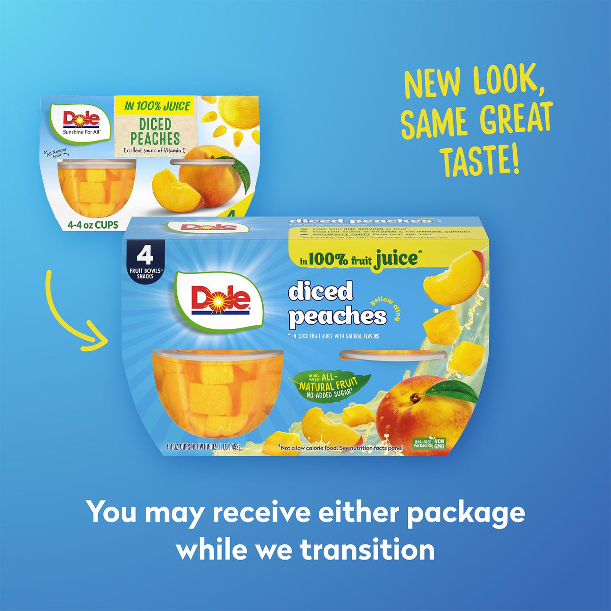 Dole Fruit Bowls Diced Peaches in 100% Juice Snacks, 4oz 4 Total Cups, Gluten & Dairy Free, Bulk Lunch Snacks for Kids & Adults