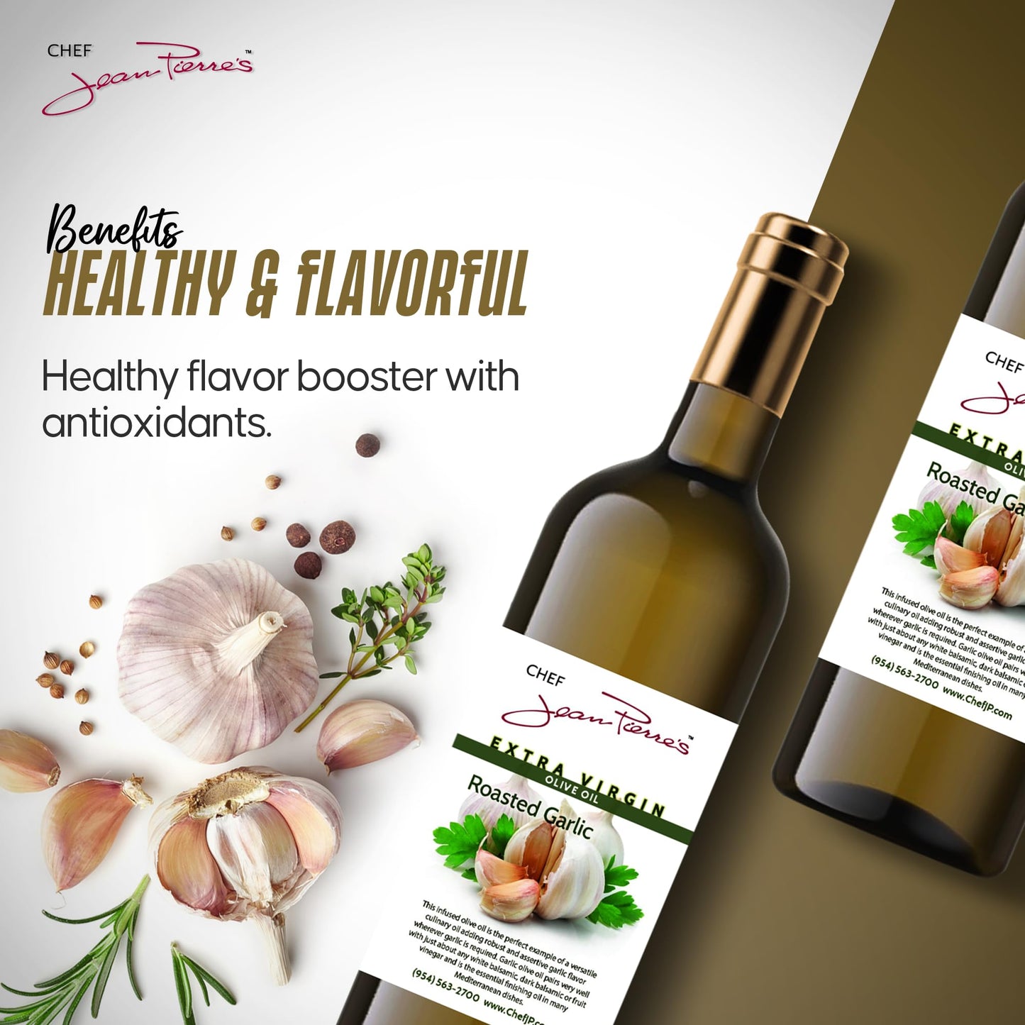Chef Jean Pierre'S Extra Virgin Roasted Garlic Olive Oil - 375Ml (12.5Oz) Glass Bottle - Naturally Infused With Sweet And Tangy