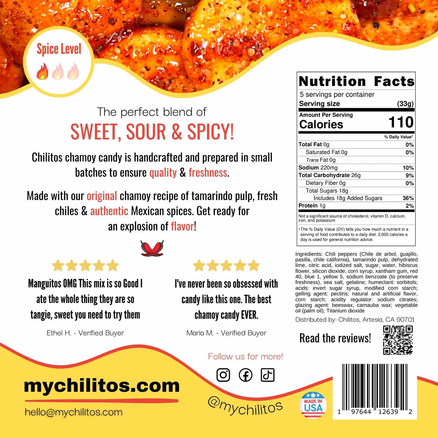 Chilitos Sweet, Sour & Spicy Chamoy Candy - Gummy Candy, 6 oz Bag, Authentic Mexican Dulces Enchilados