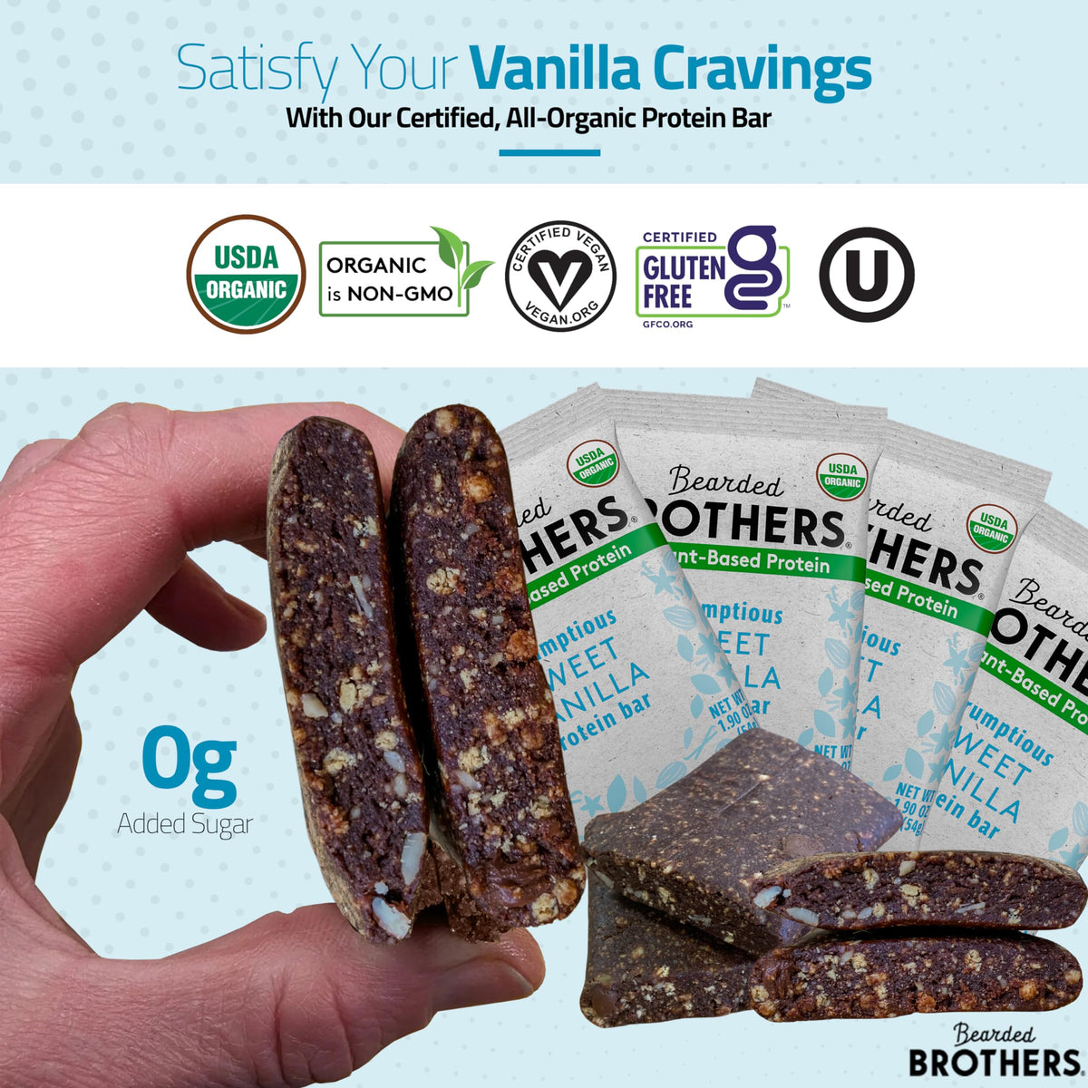 Bearded Brothers Organic Protein Bars, Vanilla (10 Pack) - 11G Of Plant Based Protein Gluten Free Vegan, Non-Gmo Healthy Snacks For Mature-Themeds Good Source Of Fiber