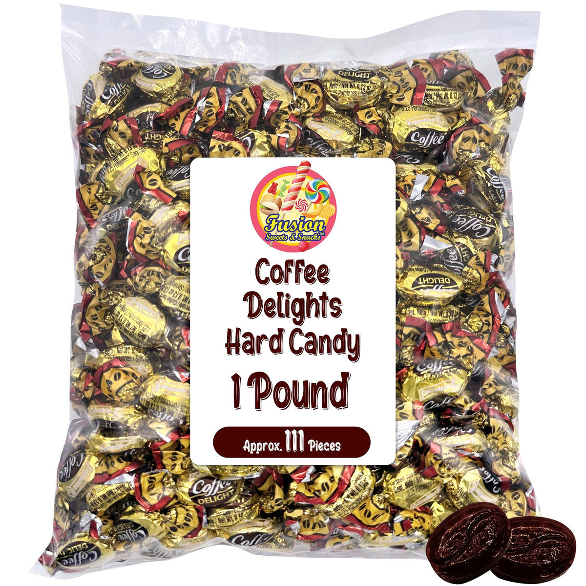 Fusion Sweets Coffee Candy - Individually Wrapped Hard Candy - Gluten Free - 1 Pound Bulk Bag - Brown