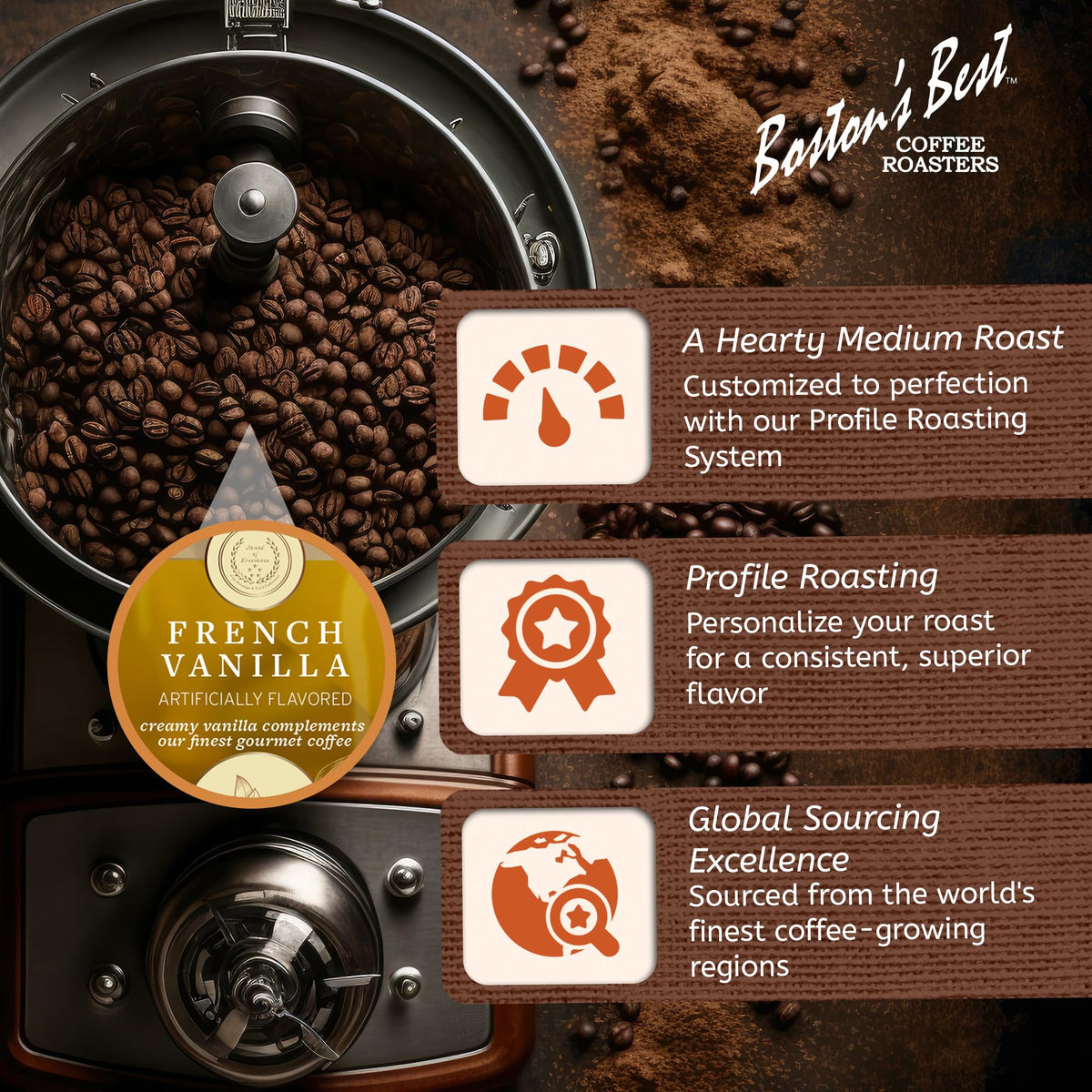 Bostons Best Coffee French Vanilla Gourmet Ground Coffee 11 oz Bag