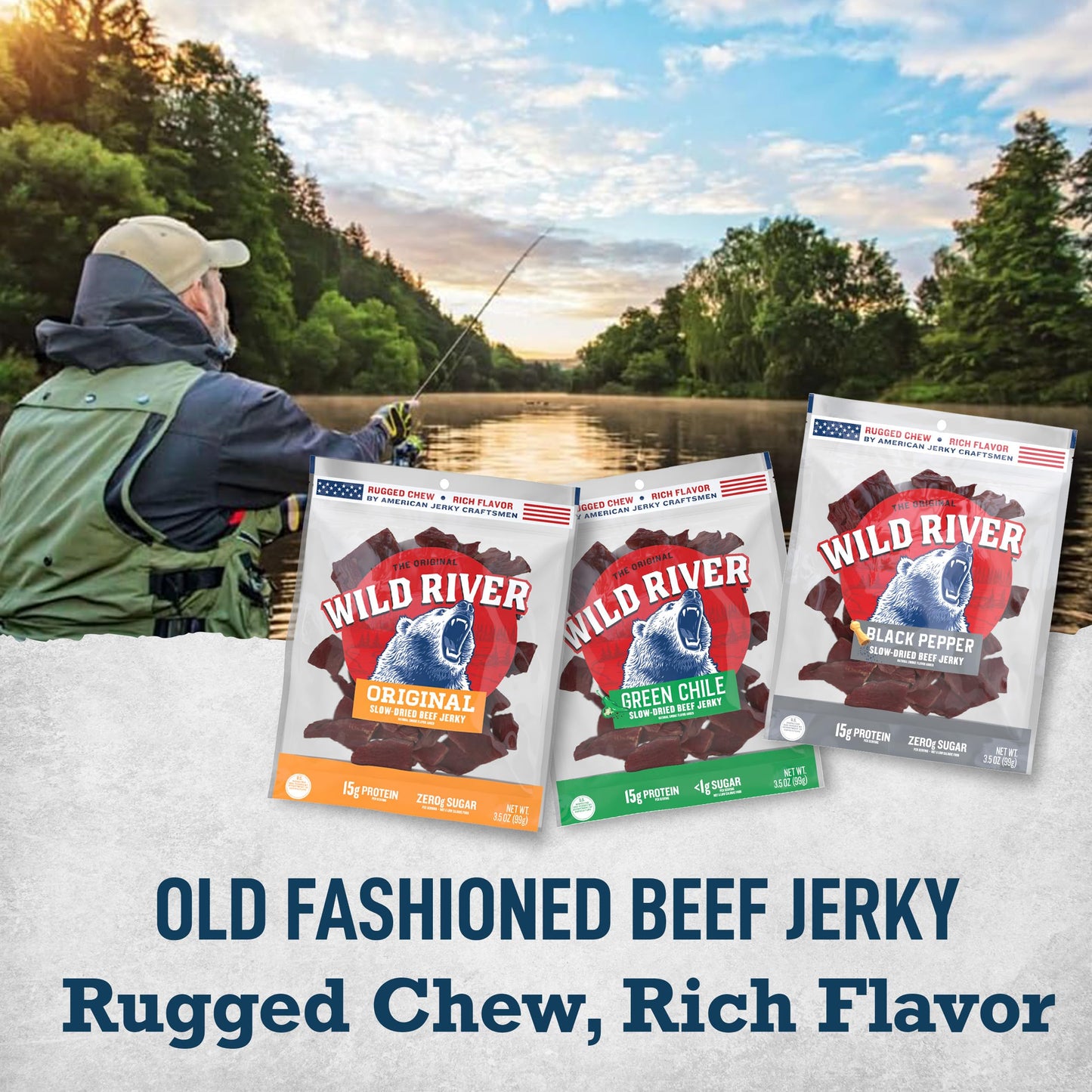 Wild River Beef Jerky Variety Pack, Old Fashioned Beef Jerky, Gluten Free - 2 Green Chile, Black Pepper, Original - Perfect Hunt