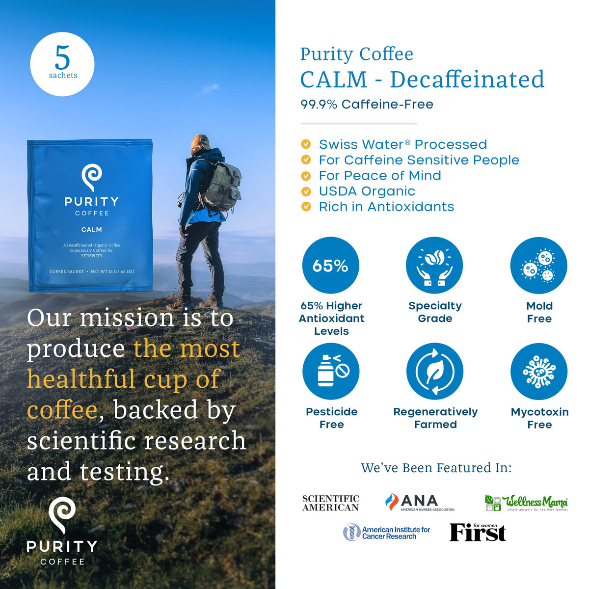 Purity Coffee Calm Decaf Medium Roast Organic Coffee - Usda Certified Organic Specialty Grade Arabica Single-Serve Packets - Thi