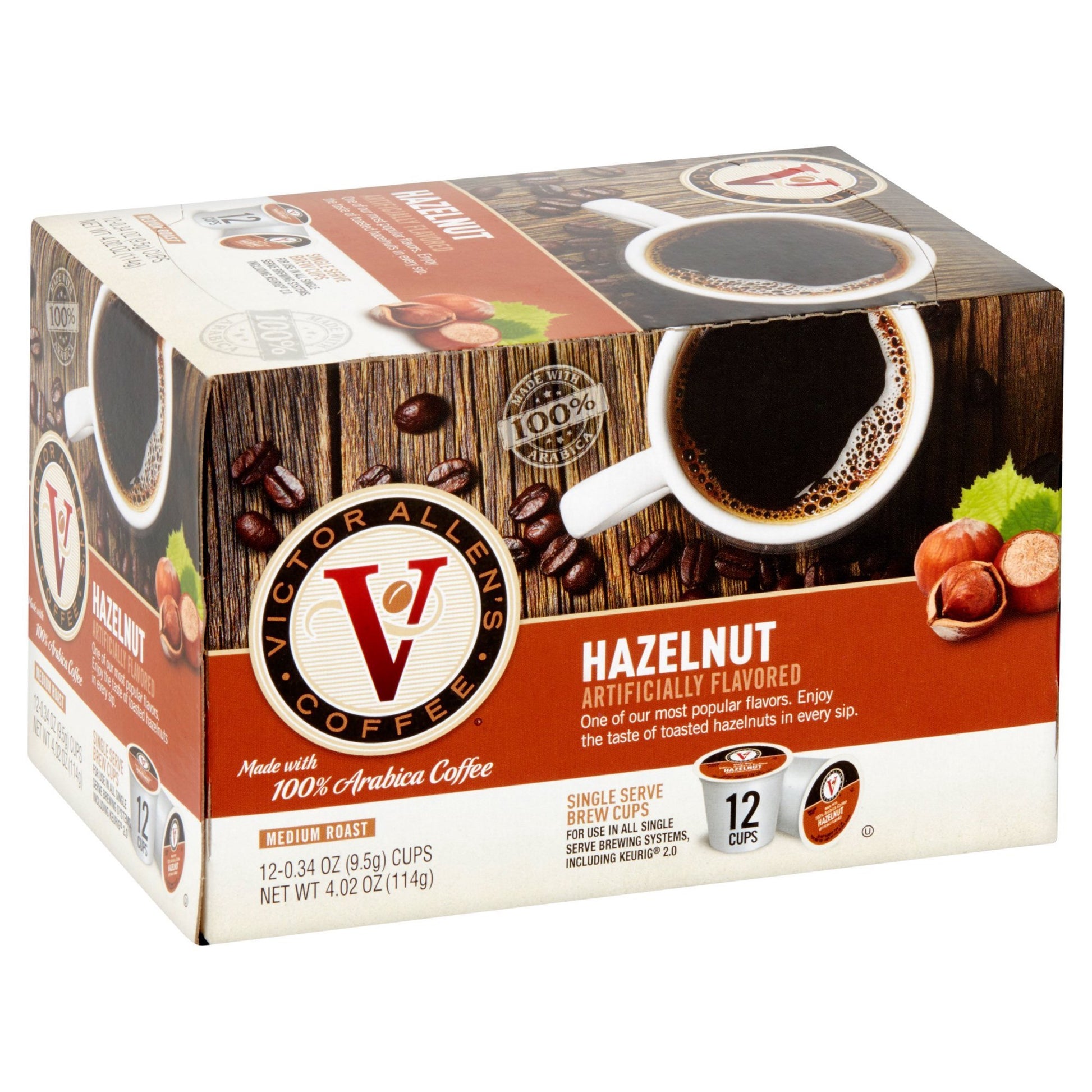 Victor Allens Coffee Hazelnut Flavored Medium Roast Single Serve Coffee Pods, 12 Count, Compatible with Keurig K-Cup Brewers, Brown