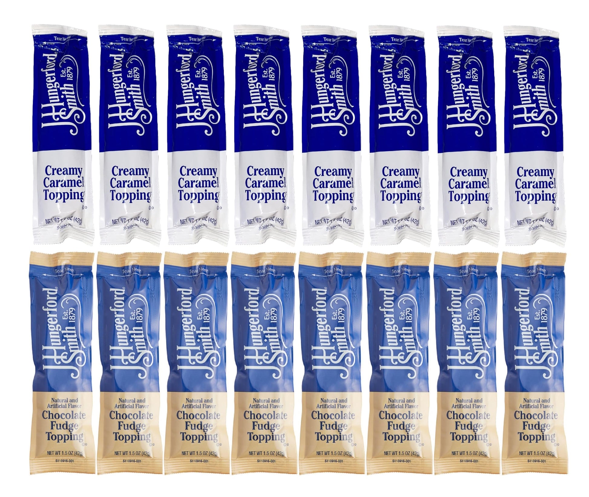 J Hungerford Smith Caramel & Chocolate Fudge Portion Control Packets 1.5 oz | Made in America | 16 Pack