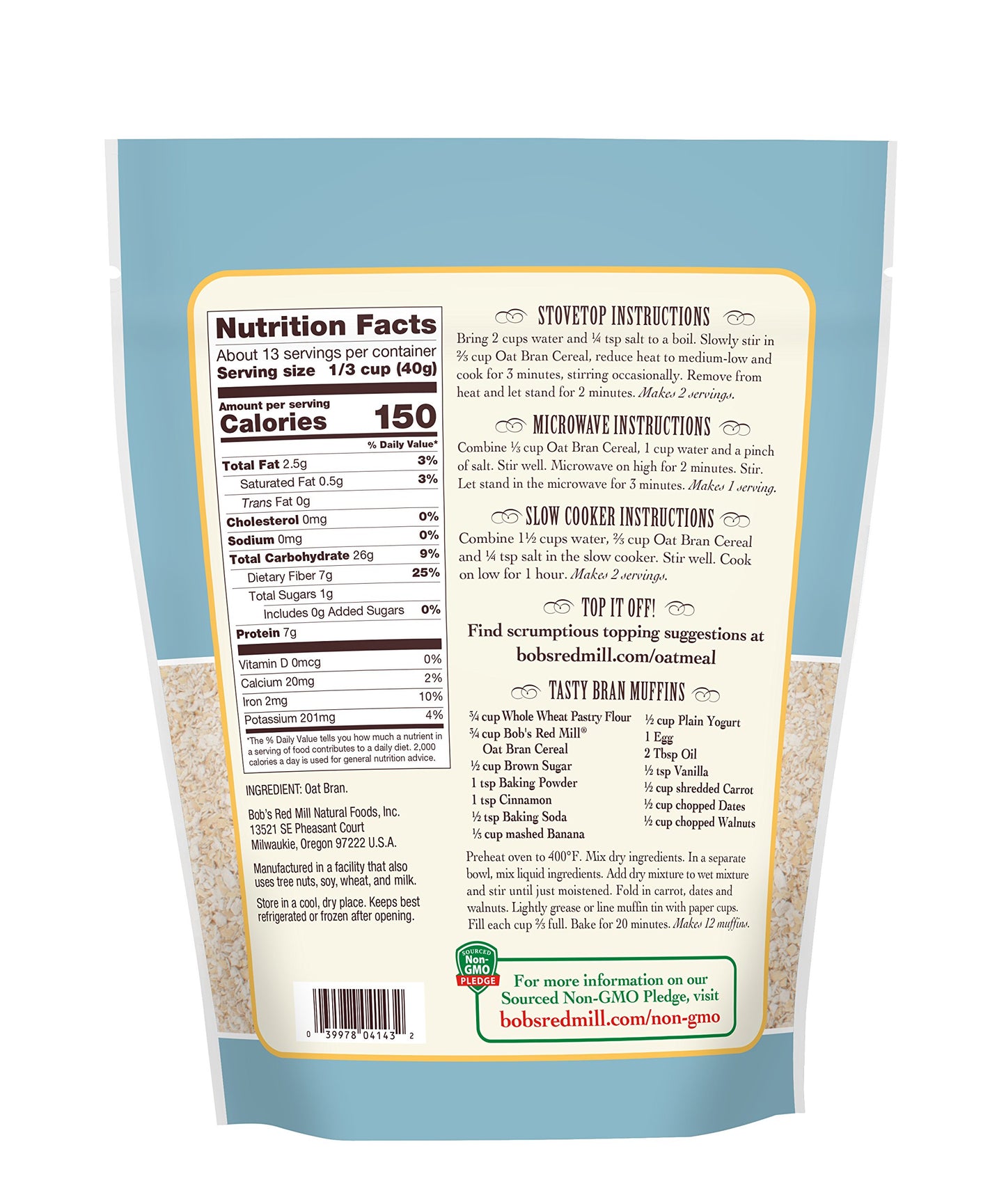 Bobs Red Mill Oat Bran, Non-GMO Vegan, High Fiber, 18 oz, Pack of 1, Model 1350S18
