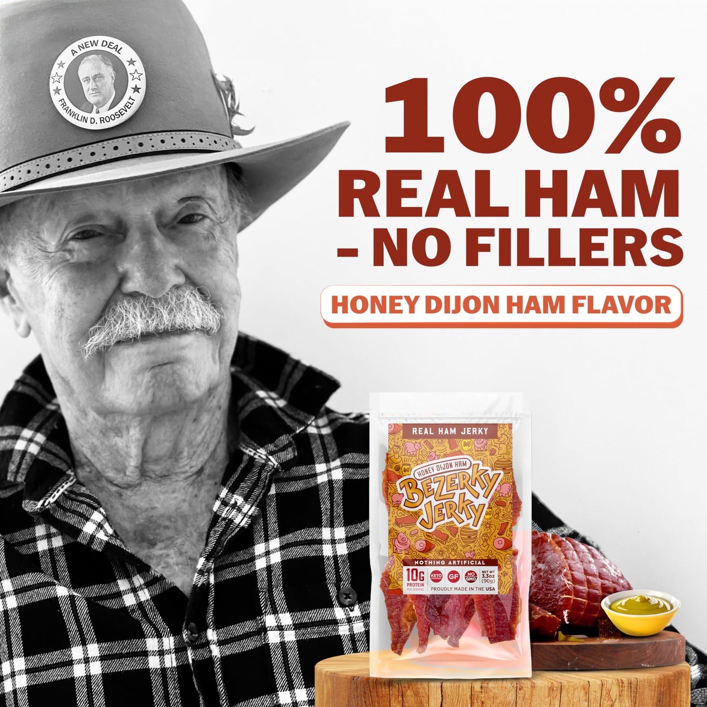 Bezerky Jerky All Natural Ham Jerky, Honey Dijon, Low Fat, High Protein, 16 Ounce (Pack of 1)