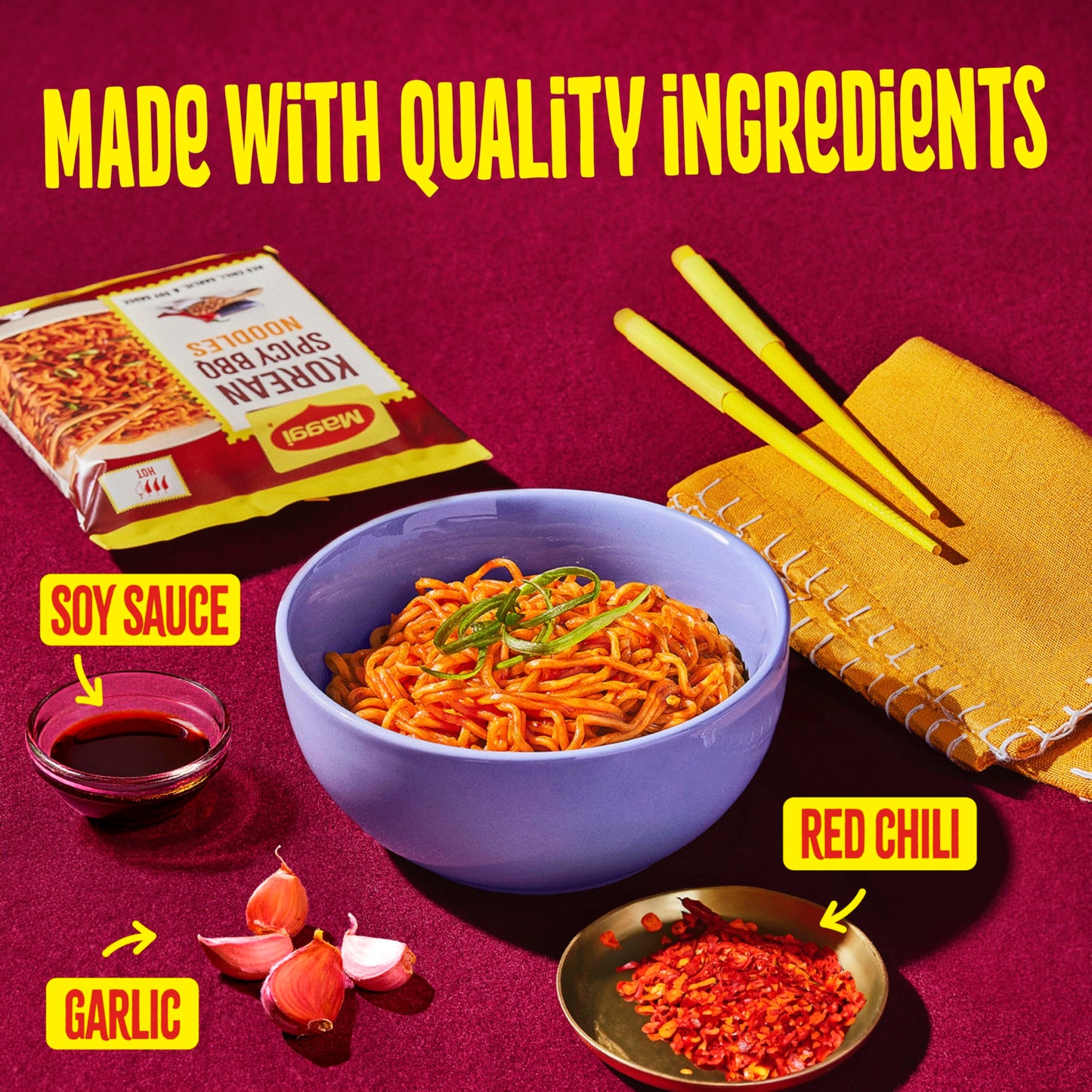 Maggi Korean Spicy BBQ Noodles, Korean Instant Noodles, 3 min, Spicy Ramen, Vegetarian, Halal, Kosher, 24-Pack