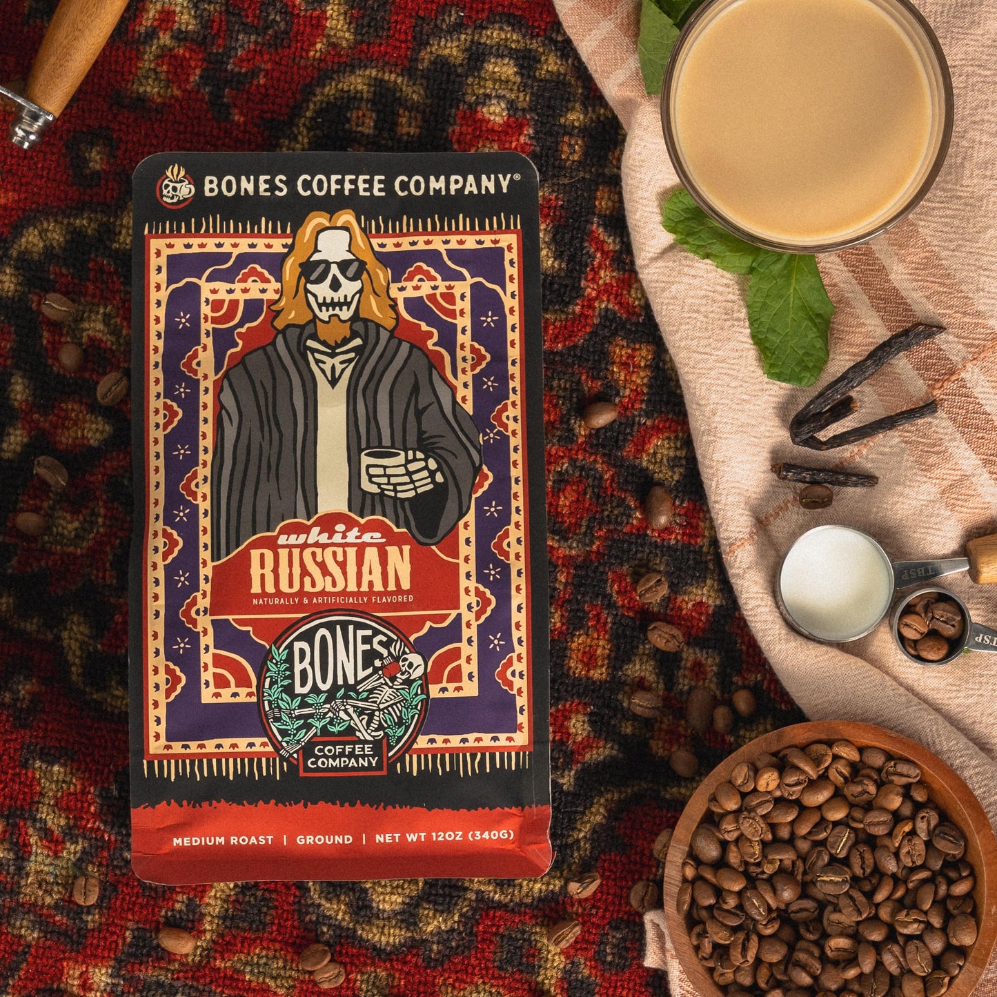 Bones Coffee Company White Russian Ground Coffee Beans, Low Acid Flavored Coffee, Made With Arabica Coffee Beans, Medium Roast G