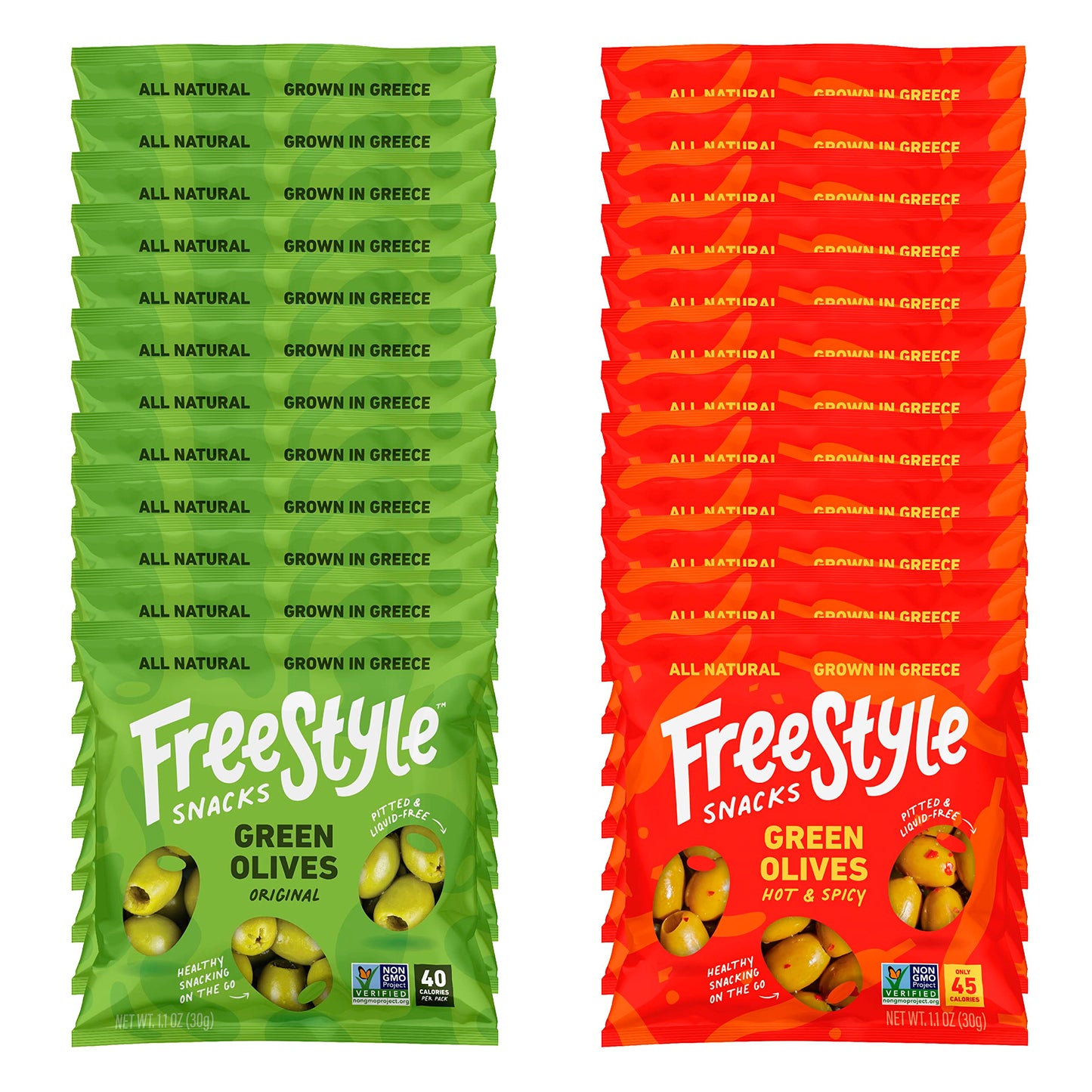 Freestyle Snacks Olive Snack Packs - Single Serve - Fresh Pitted Green Olives  Jumbo-Sized  Grown In Greece  All Natural  Non-Gmo  Paleo  Sugar-Free  Keto  Salty Snack - Variety  1.1Oz (24 Pack)