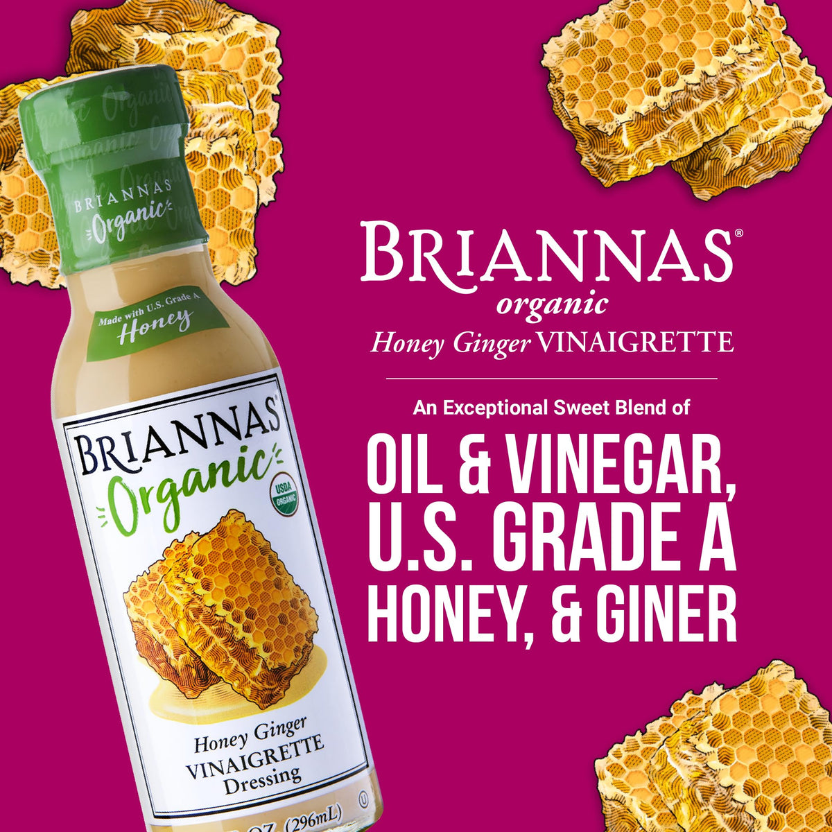 BRIANNAS - Organic Honey Ginger Vinaigrette Dressing - Certified Kosher & Organic Salad Dressing made with enhanced Ingredients - 10 oz. Bottle
