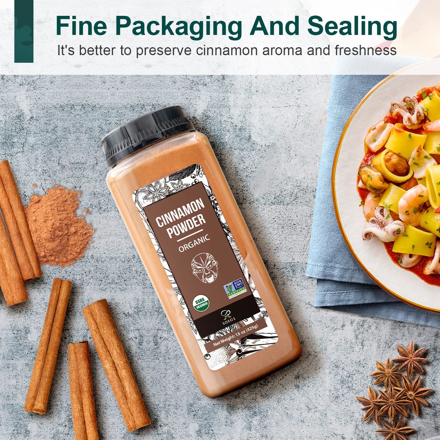 Soeos Cinnamon Powder Organic  15 Ounce (425g) Bottle  Ground Cinnamon Powder  USDA  Non-GMO and Kosher Certified  Seasoning Spice for Tea  Coffee  Baking  Desserts  Cooking and Beverages