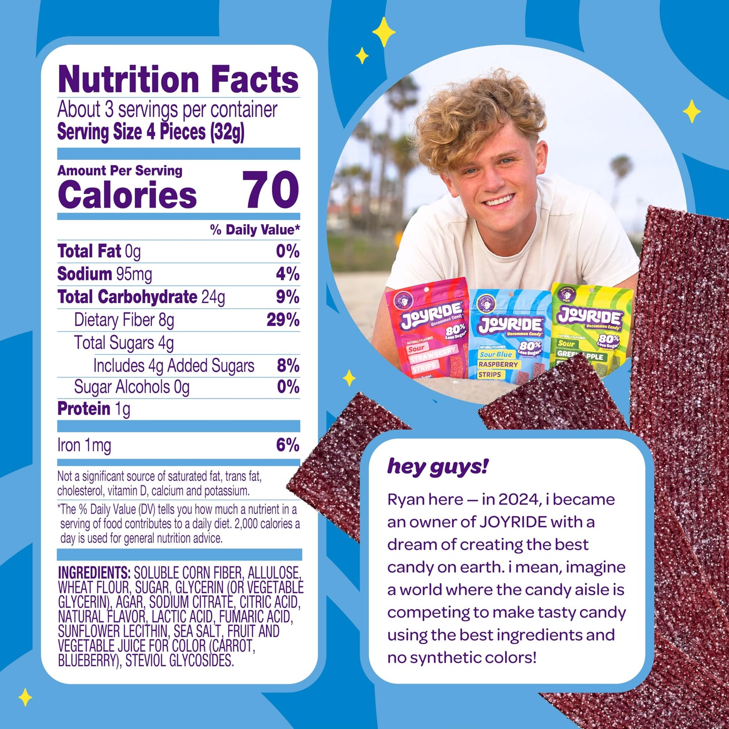 JOYRIDE Sour Strips Bundle - Blue Raspberry & Peppermint Gum, Low Sugar, Dye Free, 3.5 oz (Pack of 6)