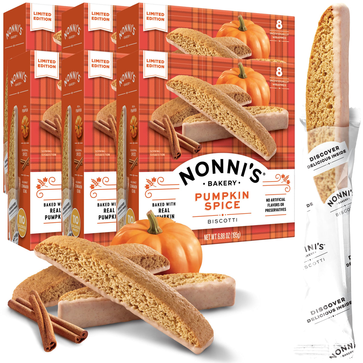 Nonnis Pumpkin Spice Biscotti Holiday Cookies - 6 Boxes Pumpkin Cookies - Pumpkin Biscotti w/Cinnamon Icing - Biscotti Individu