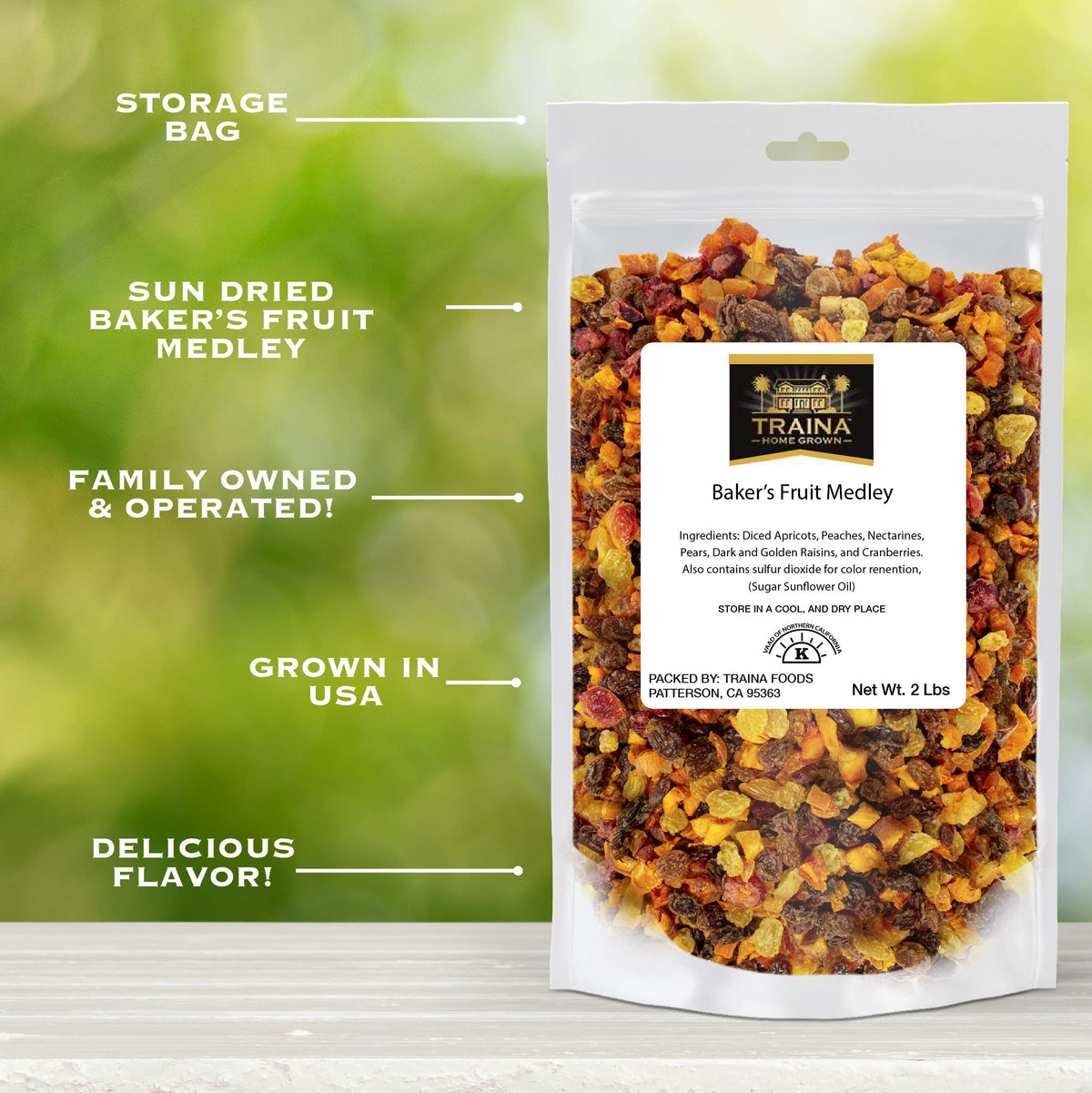 Traina Home Grown Sun Dried Bakers Fruit Medley - Diced Peaches, Cranberries, Apricots, Pears, Nectarines, and Raisins - Non GMO