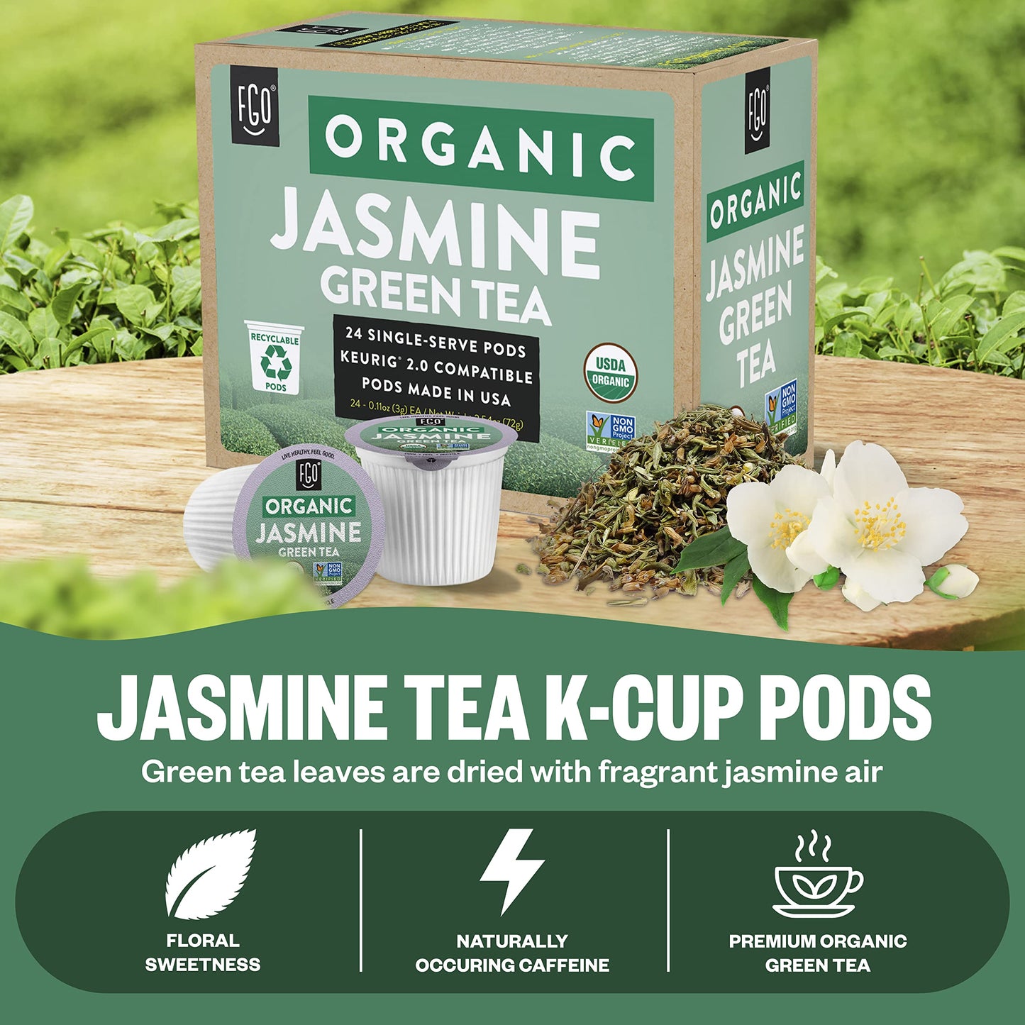 Organic Jasmine Tea K-Cup Pods  24 Pods by FGO - Keurig Compatible - Naturally Occurring Caffeine  enhanced Jasmine Green Tea is USDA Organic  Non-GMO  & Recyclable