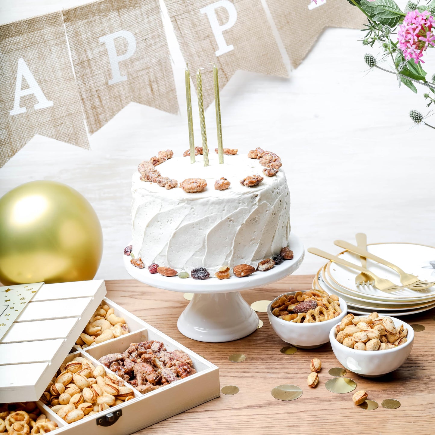 BONNIE AND POP Happy Birthday Food Gift Basket, 6 Piece Assortment, Gourmet Snack   in Wooden Crate