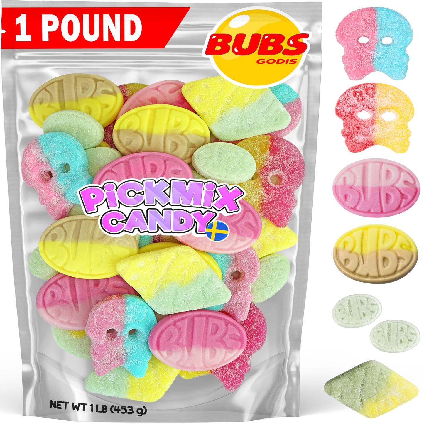 Swedish Candy Bubs Mix - 1 Pound Bag With 6 Flavor Variety, Sweet & Sour Skulls, Ovals & Tutti Frutti Rombs