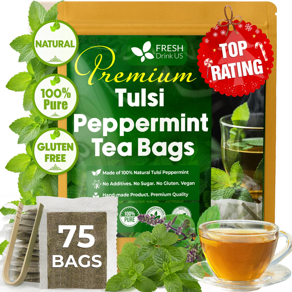 Freshdrinkus  Top-Grade Tulsi Peppermint Herbal Tea - 75 Tea Bags  100% Natural  Blend Of Tulsi Holy Basil Leaves  And Peppermint Leaves. Made With Natural Material Tea Bags. No Sugar  Vegan.
