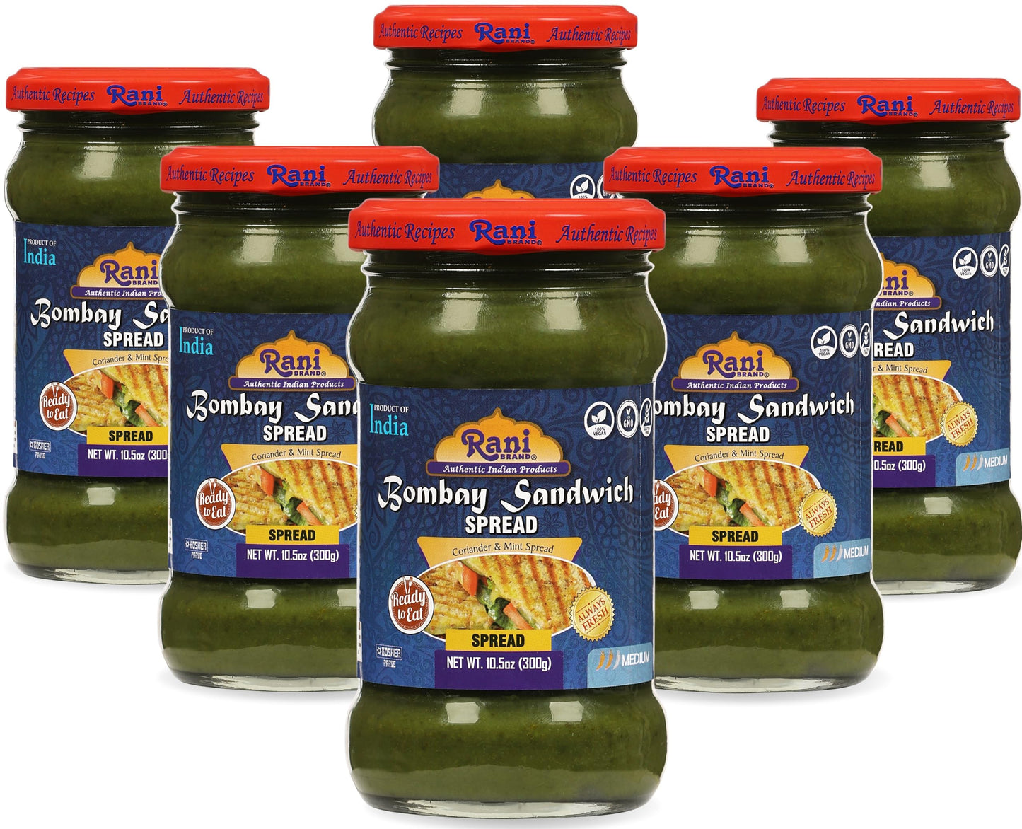 Rani Bombay Sandwich Spread, Mild (Mint & Coriander) 10.5oz (300g) Glass Jar, Ready to Eat, Pack of 5+1 FREE ~ Vegan | Gluten Fr