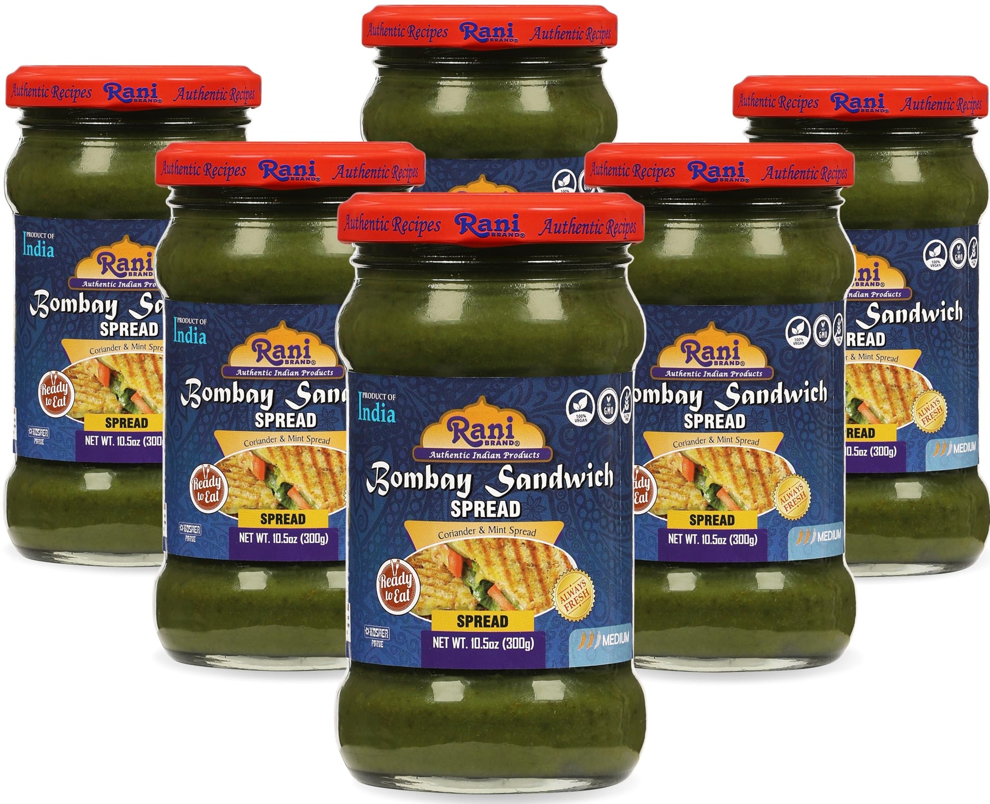 Rani Bombay Sandwich Spread, Mild (Mint & Coriander) 10.5oz (300g) Glass Jar, Ready to Eat, Pack of 5+1 FREE ~ Vegan | Gluten Fr