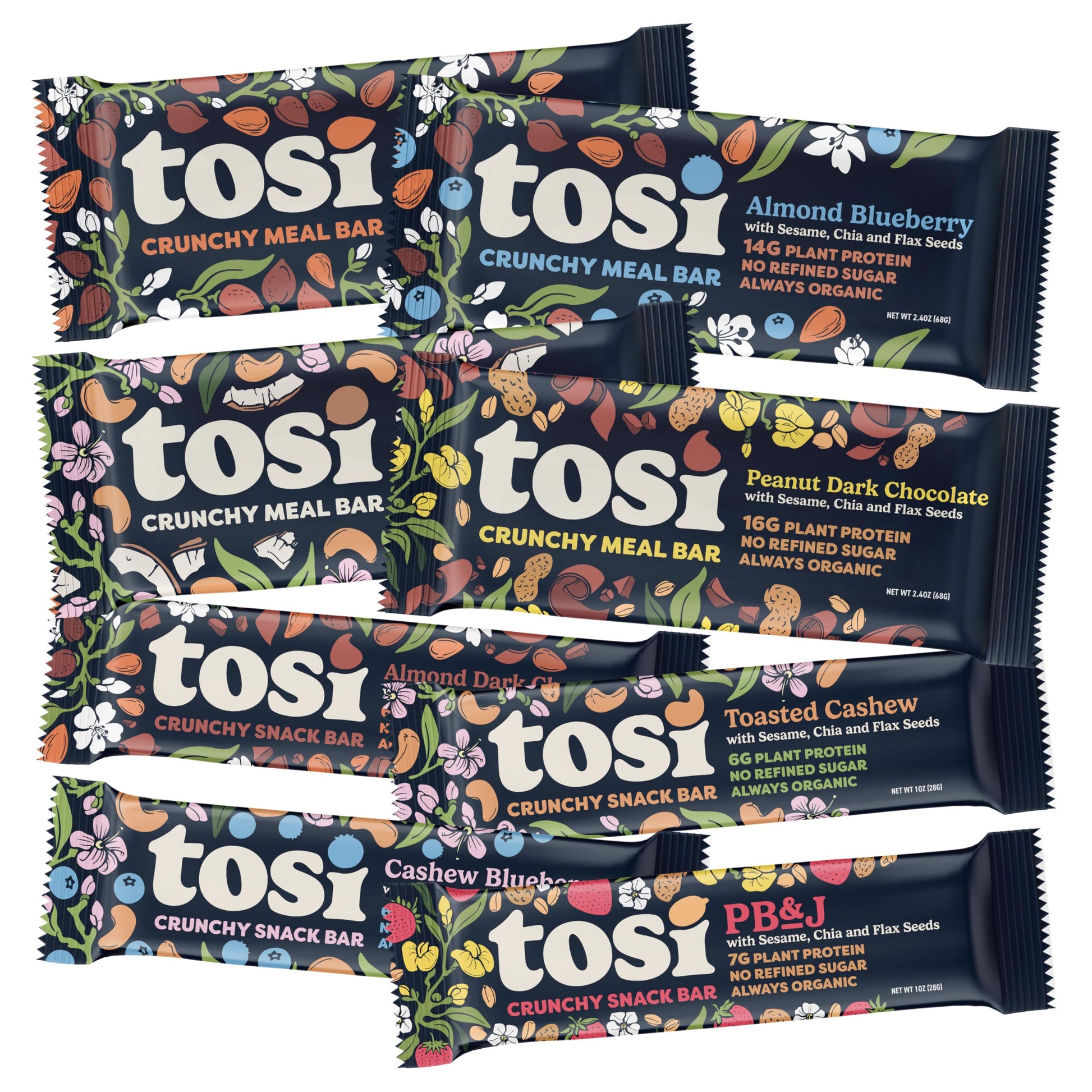 Tosi Variety Pack Protein Bars, Plant Based with Nuts, Gluten-Free Crunchy Snacks, Vegan, Organic, Flax & Chia Seeds, Soy-Free, 