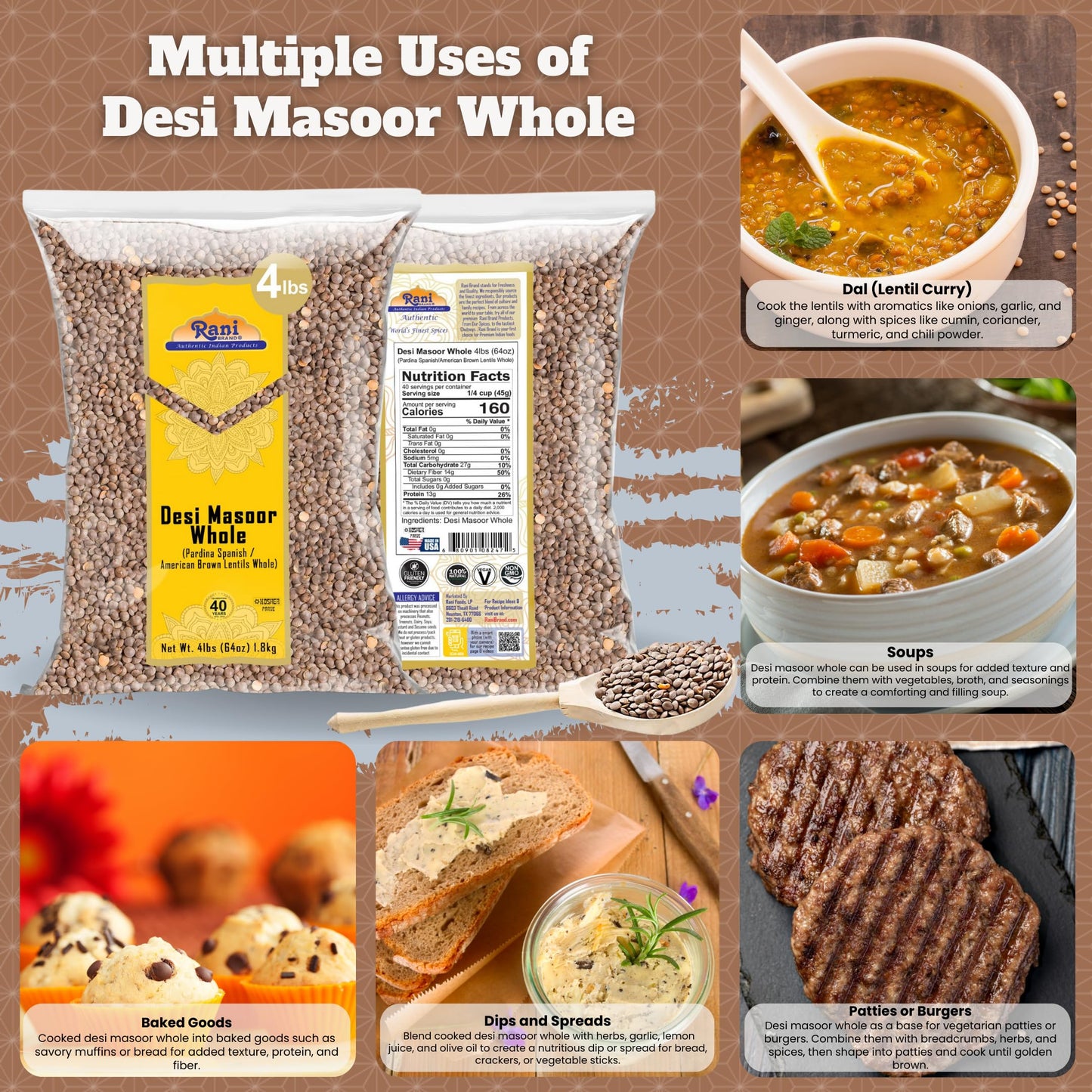 Rani Desi Masoor (Masur) Whole 64Oz (4Lbs) 1.81Kg (Aka. Pardina Spanish / American Brown Lentils Whole) Bulk ~ All Natural | Veg