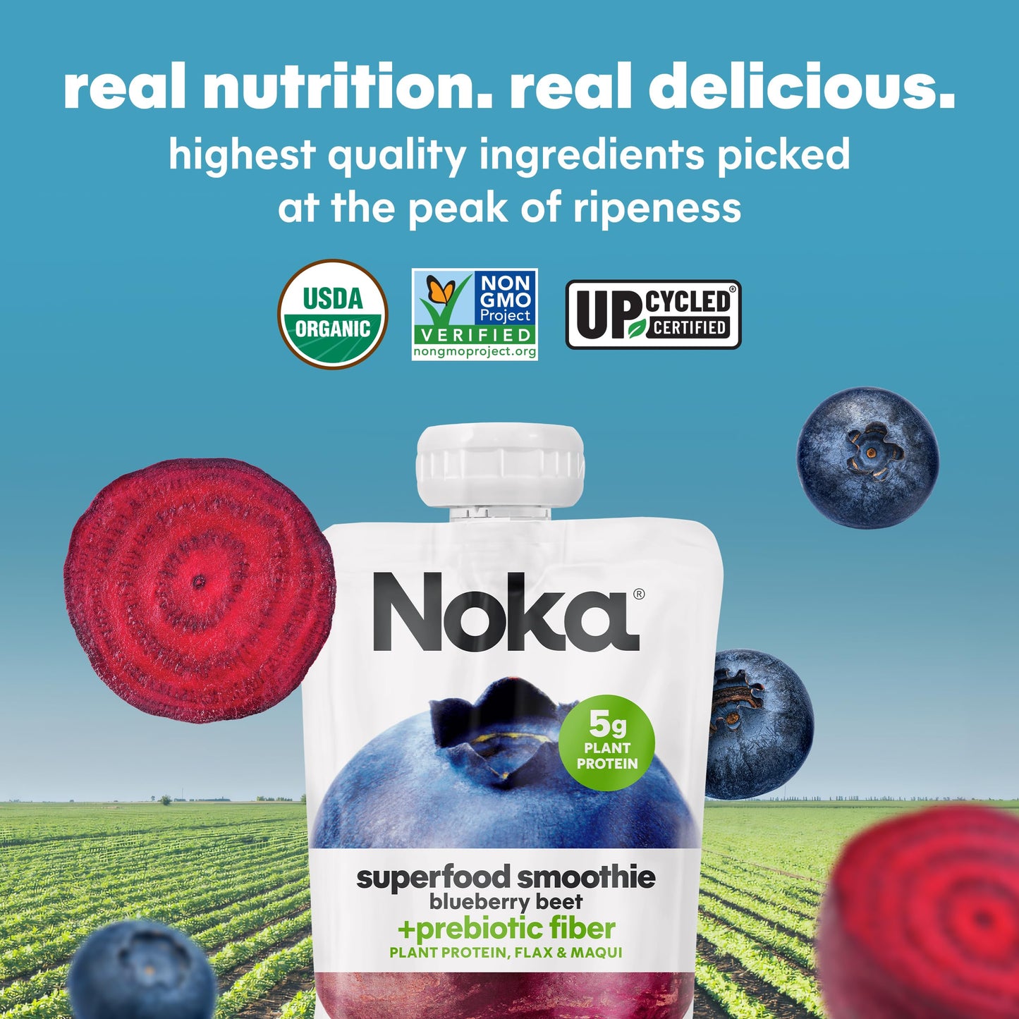 Noka Superfood Smoothie Pouches (Blueberry Beet) 4 Pack, with Plant Protein, Prebiotic Fiber & Flax Seed, Organic, Gluten Free,