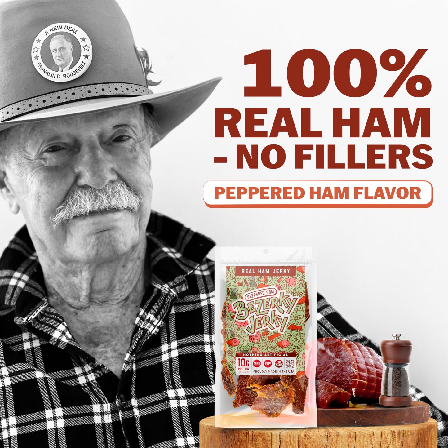 Bezerky Jerky All Natural Real Ham Jerky, Peppered, Low Fat, Gluten-Free, High Protein, 3.3 Ounce (Pack of 3)