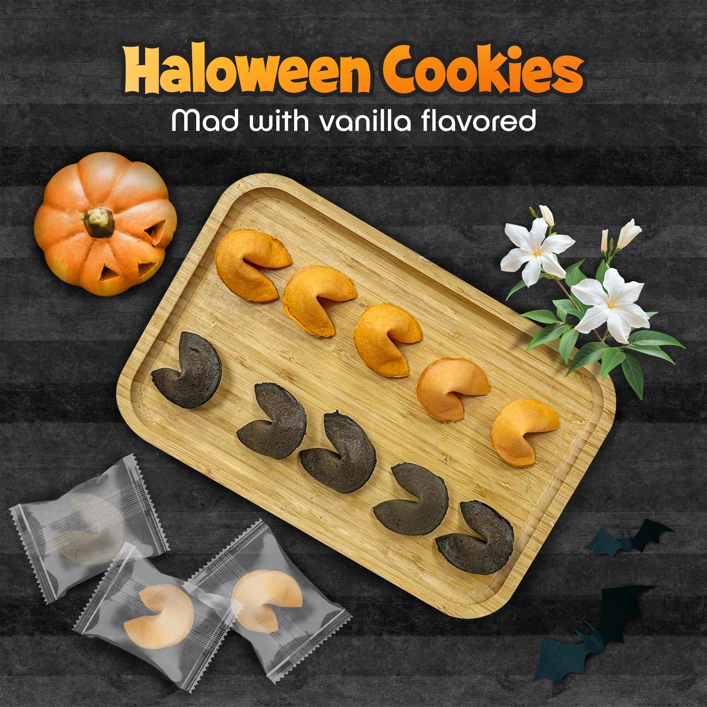 4Es Novelty Halloween Fortune Cookies Bulk - 50 Individually Wrapped with 50 Funny & Scary Fortune Cookies Sayings for Kids & mature-themeds  Trick-or-Treat Perfect for Halloween Party