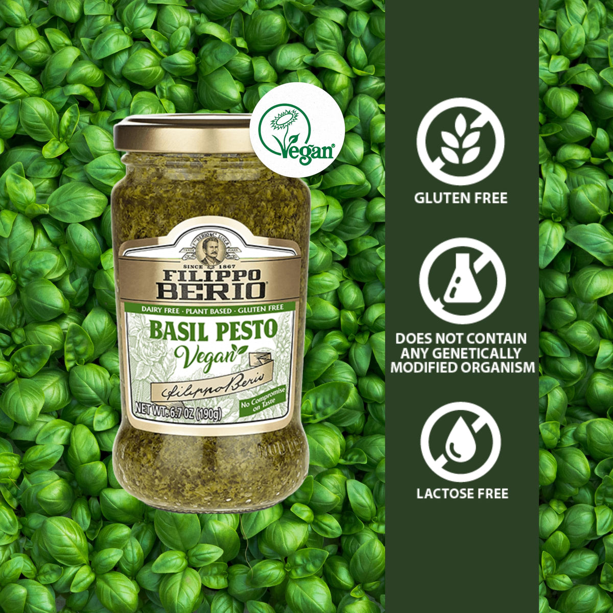Filippo Berio Pesto, Vegan Basil, 6.7 Ounce Glass Jar, Pack of 6