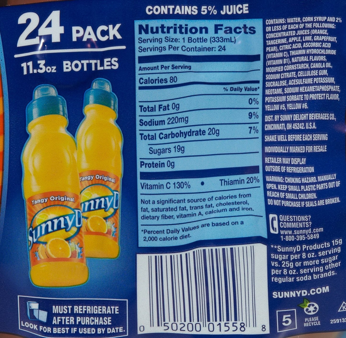 Sunny Delight Citrus Punch Drink, Tangy Orange Flavor, 11.3 Fl Oz, Pack of 24