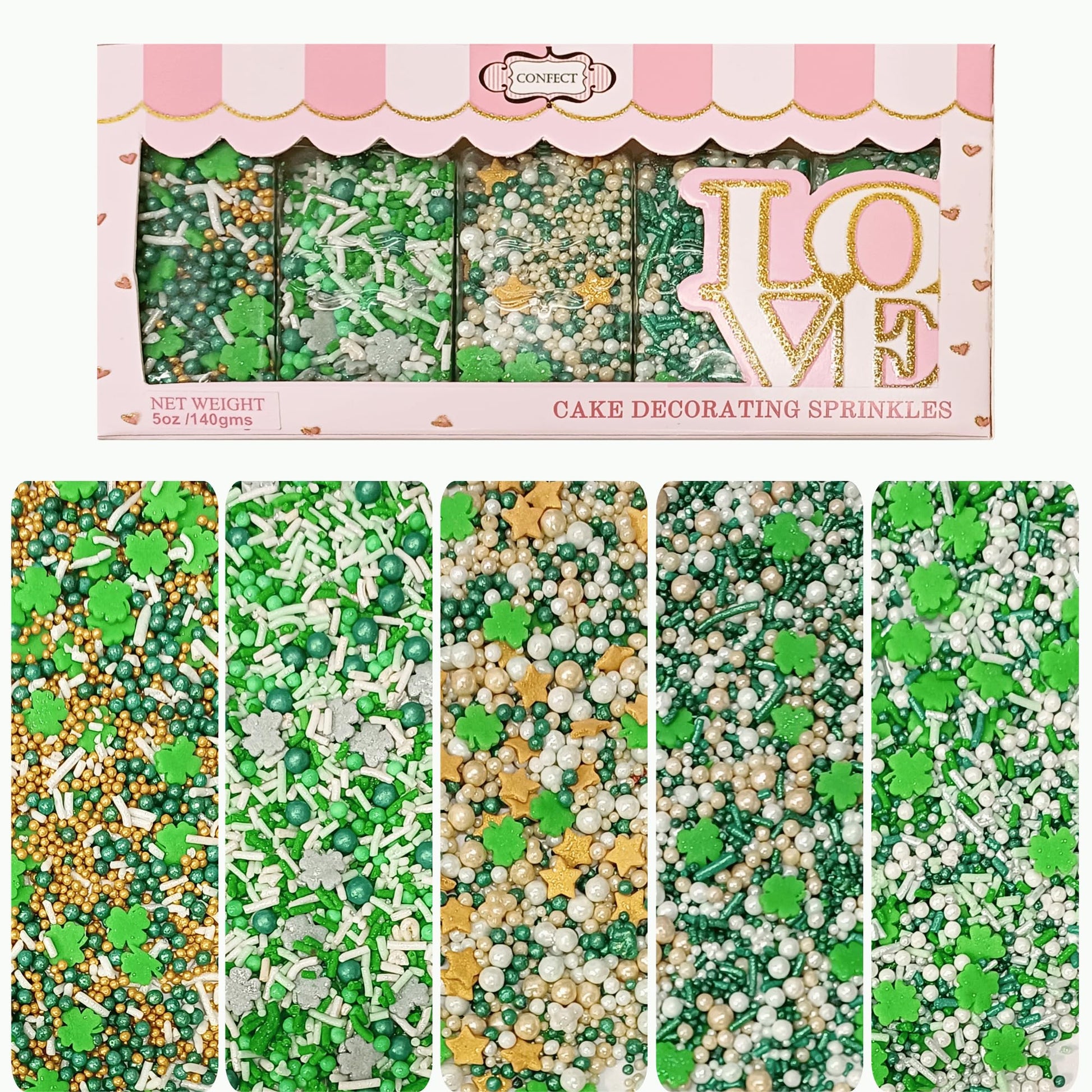 Confect St. Patricks Green, Gold, Silver & White Clover Sprinkles Mix | Birthday Sprinkles | Leaf Sprinkles | Sprinkles for Baki