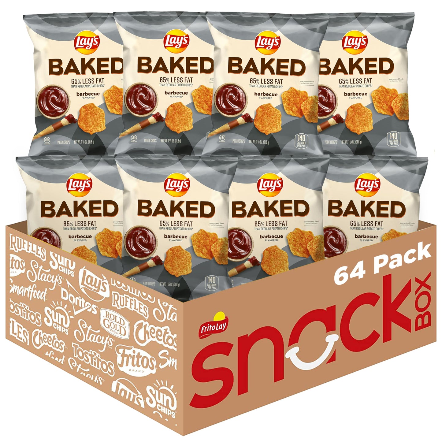 Frito Lay Baked Lay’s Potato Chips, Barbecue Flavor, Gluten Free, 50% Less Fat, 1.125 oz Bags, 64 Pack