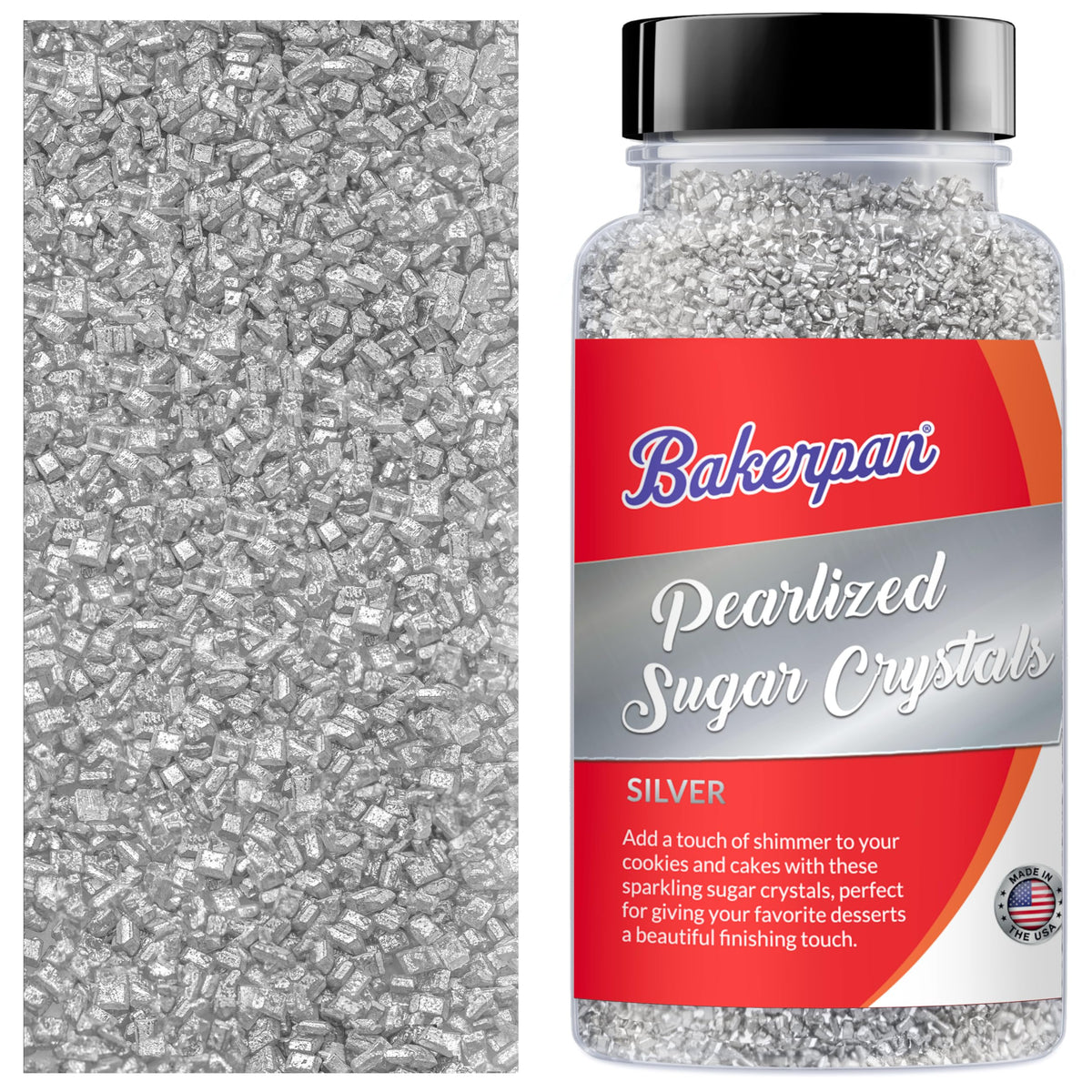 Bakerpan Pearlized Sugar Sprinkles for Baking - 5 Ounce - Sparkling Silver Decorating Sugar Crystals for Cookies, Cake Pops, Ice