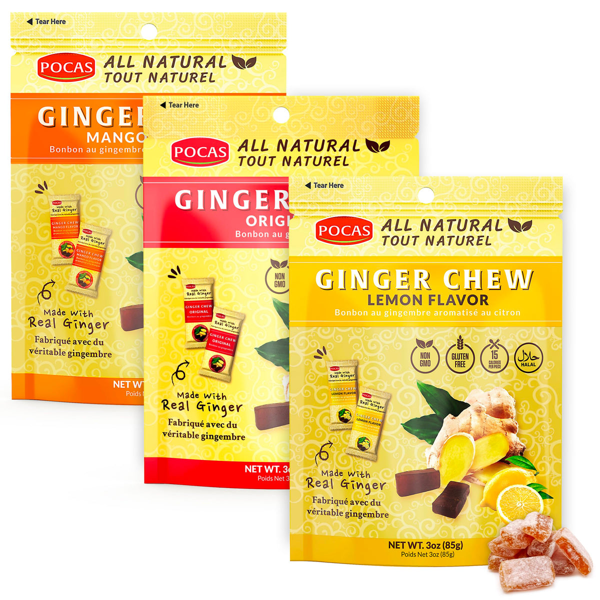 Pocas Ginger Chews Variety Pack - Mango, Original, Lemon - 3 Individually Wrapped Snacks, 3 Oz Each, Assorted Flavors