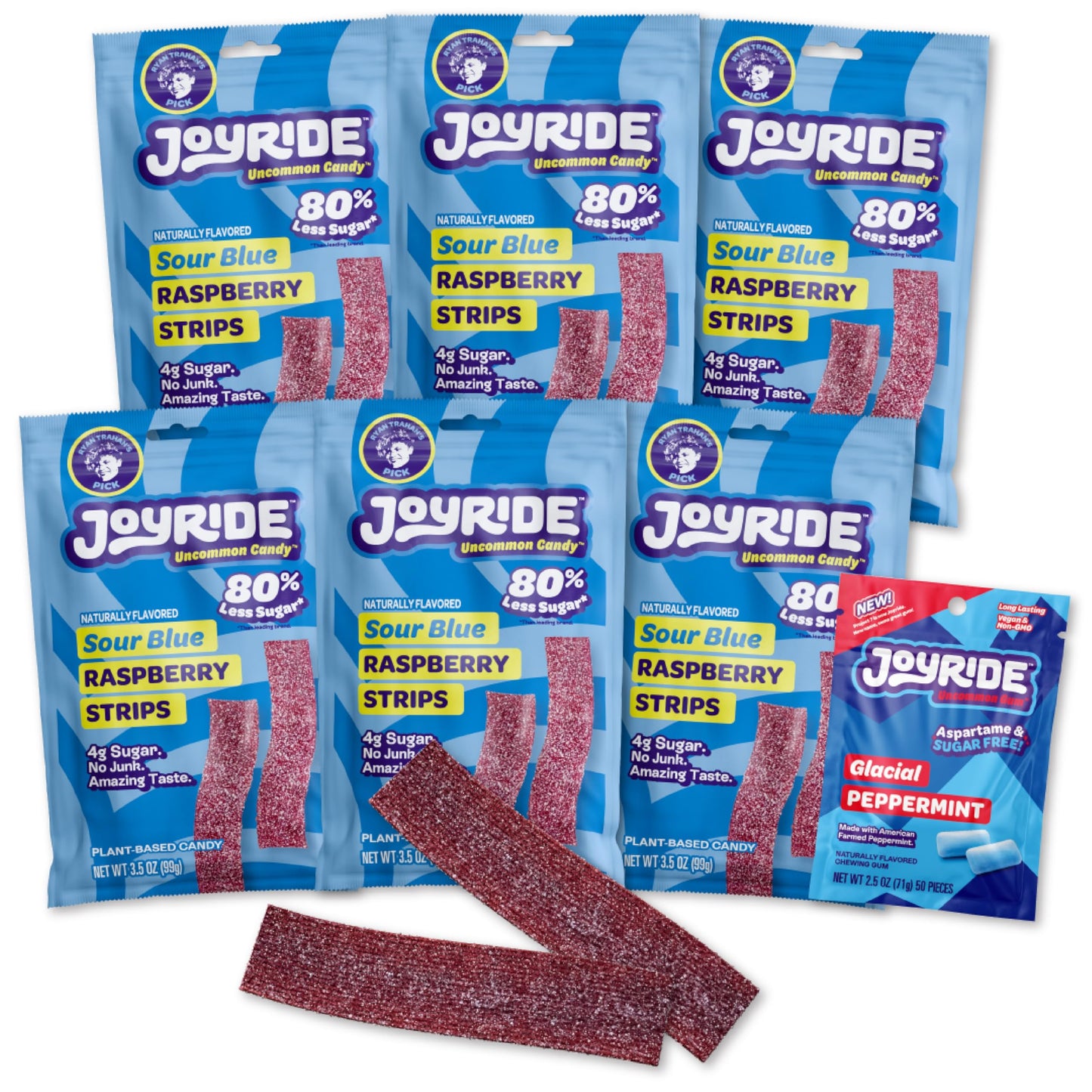 JOYRIDE Sour Strips Bundle - Blue Raspberry & Peppermint Gum, Low Sugar, Dye Free, 3.5 oz (Pack of 6)