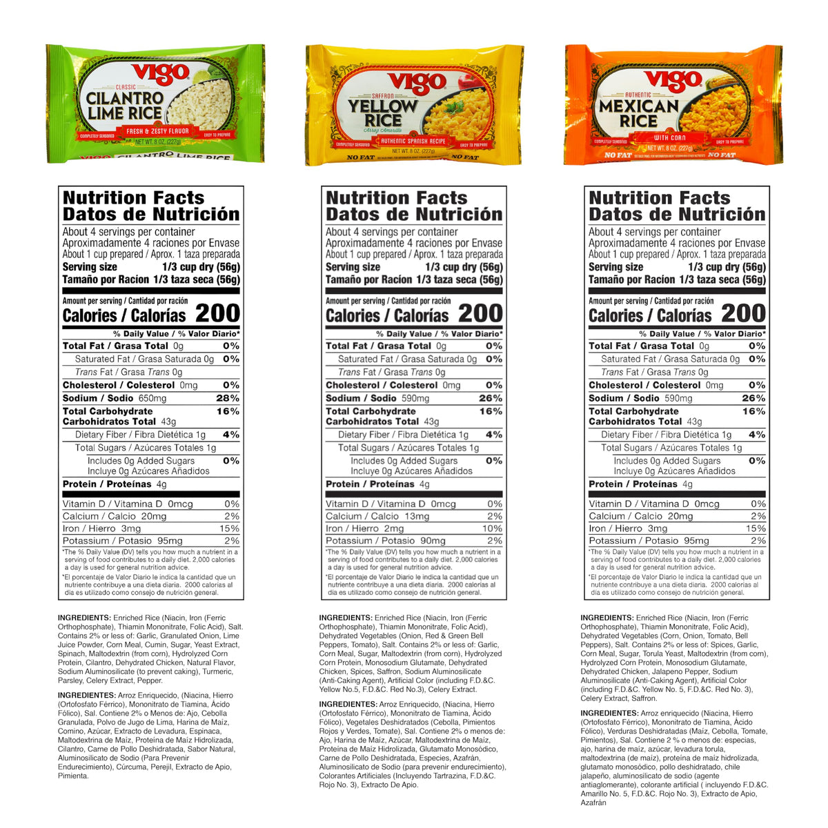 Vigo Authentic Rice Variety Pack, Low Fat, 8oz Pack of 3 (Saffron Yellow Rice, Mexican Rice with Corn, and Cilantro Lime Rice)