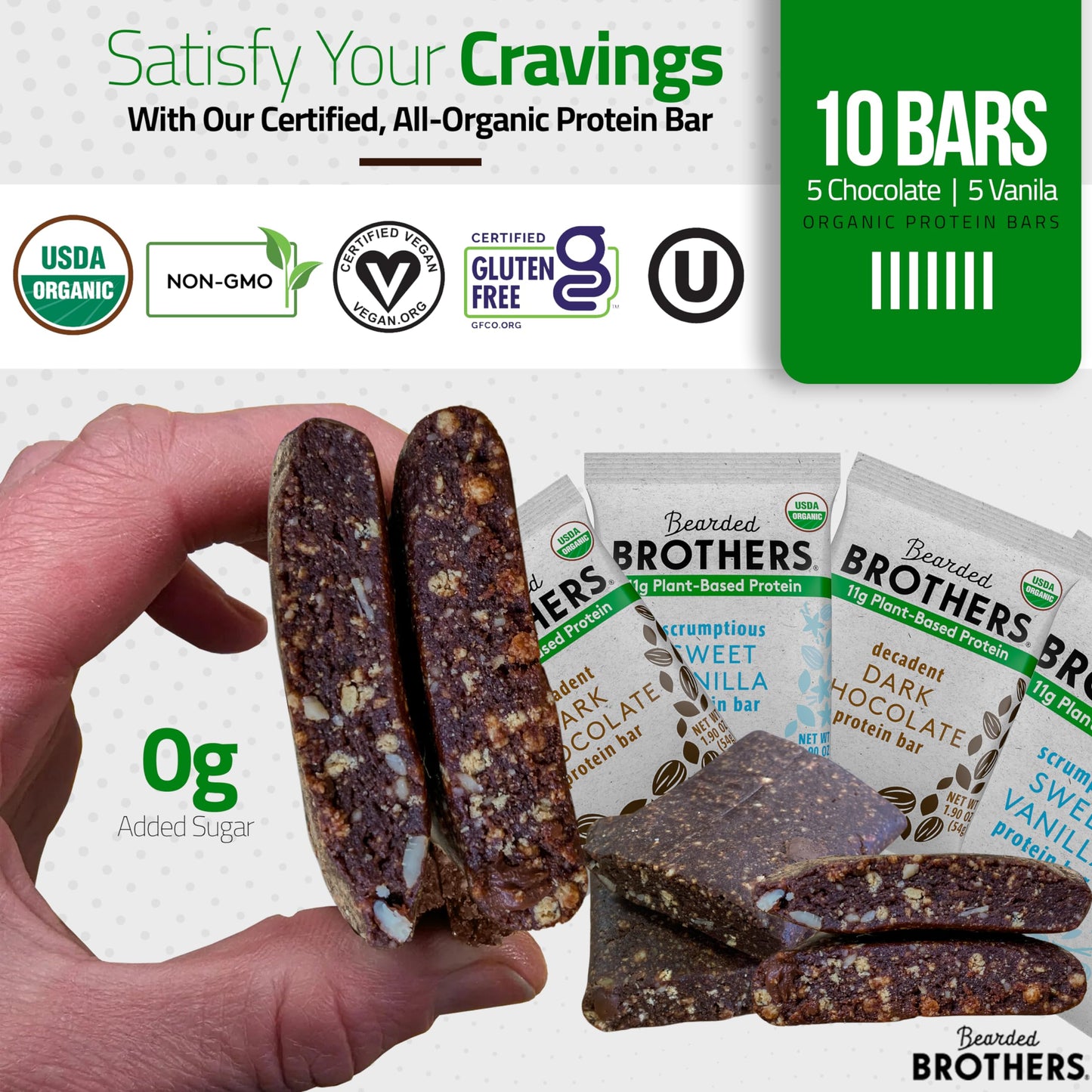 Bearded Brothers Organic Protein Bars, Dark Chocolate And Vanilla (10 Pack) - Plant Based Protein, Gluten Free, Vegan