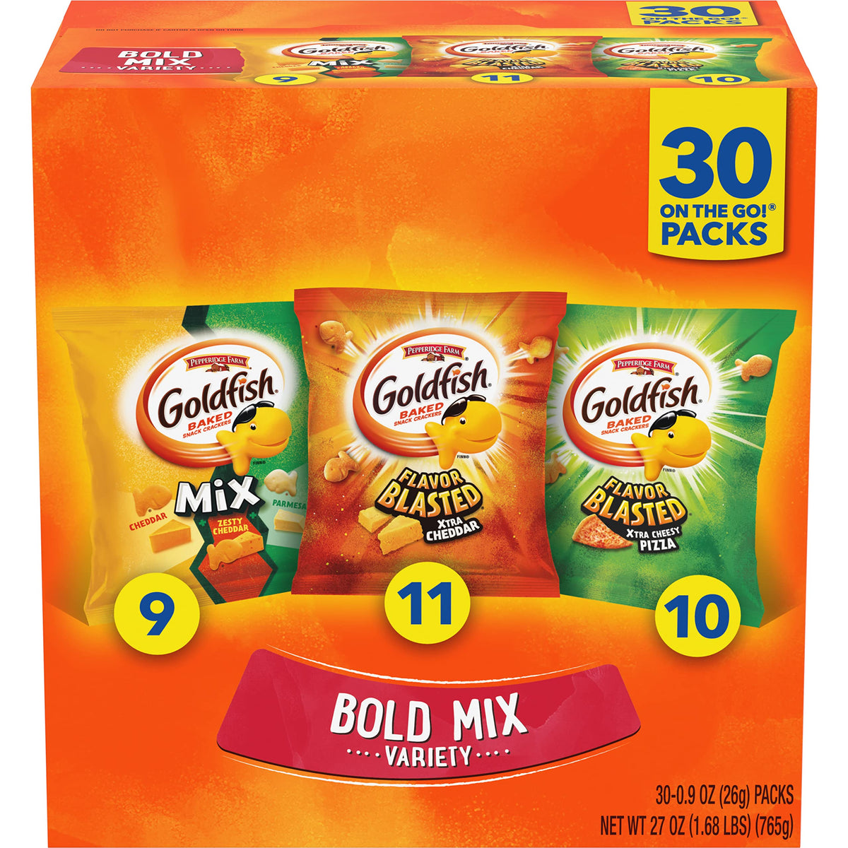 Goldfish Bold Mix Variety Pack Snack Crackers, 1 Oz Snack Packs, 30 Ct Box