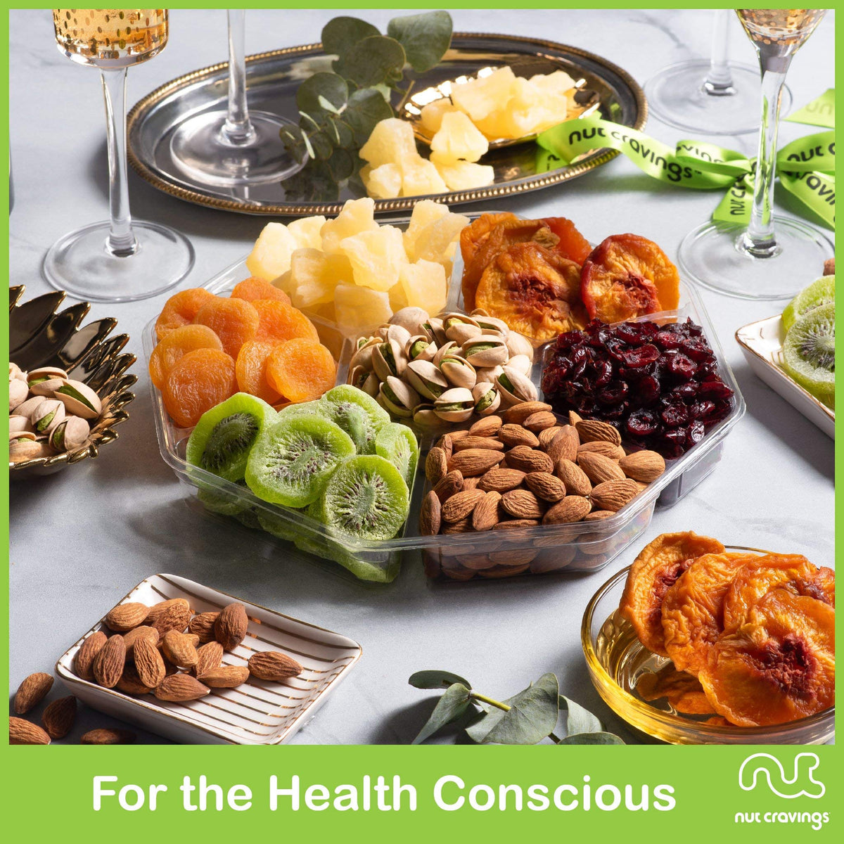 Nut Cravings Gourmet Collection - Rosh Hashana & Shana Tova Dried Fruit & Mixed Nuts Gift Basket + Green Ribbon (7 Assortments,