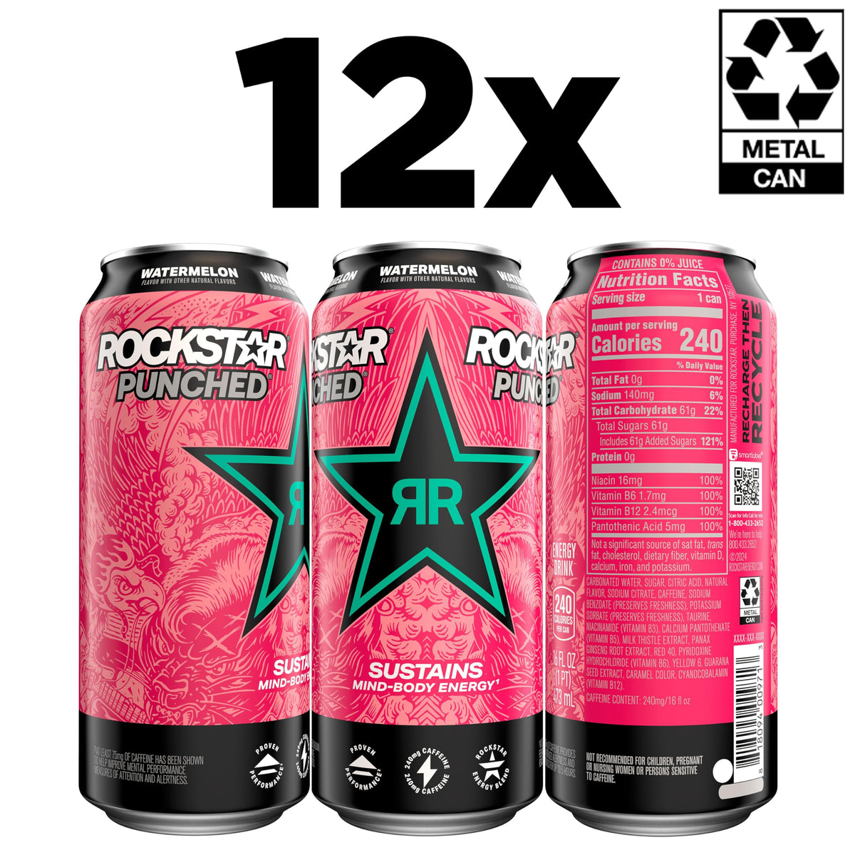 Rockstar Energy Drink Punched Watermelon, 16oz Cans (12 Pack) (Packaging May Vary)
