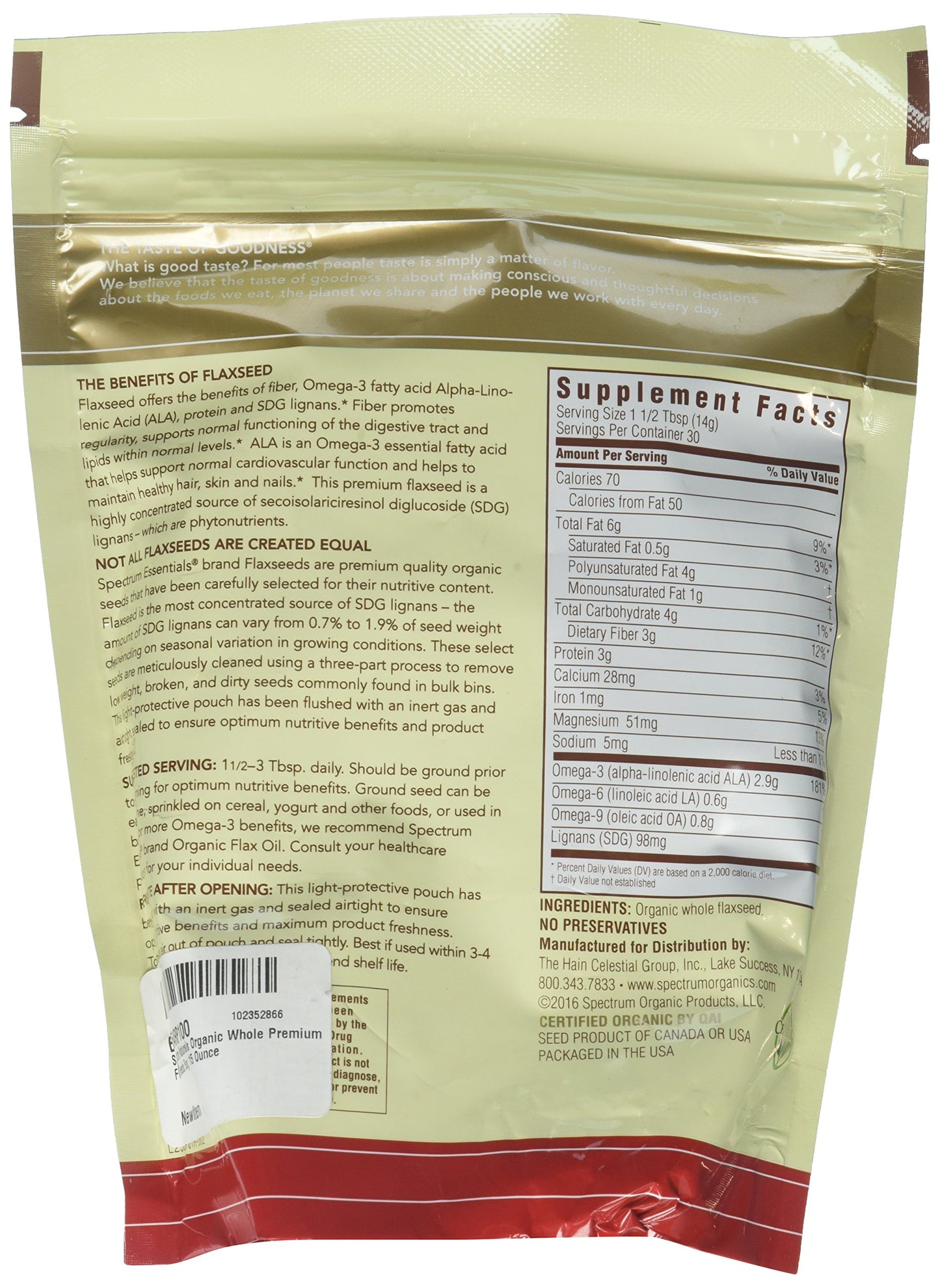 Spectrum Essentials Organic Whole Enhanced Flaxseed, 15 Ounce Bag