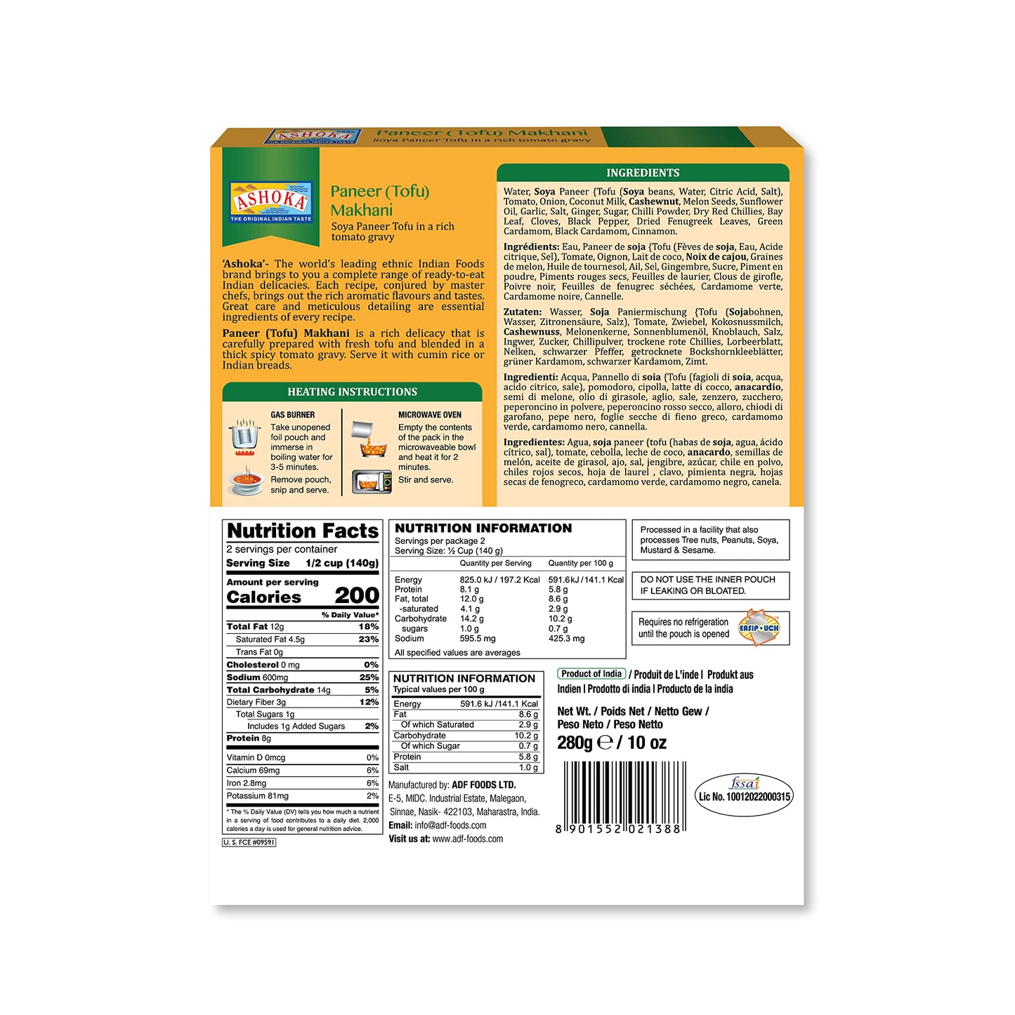 ASHOKA Tofu Curry Plant-Based Gluten Free Meal Pack of 10, 10 Ounce, All-Natural, Ready to Heat, Kosher Certified